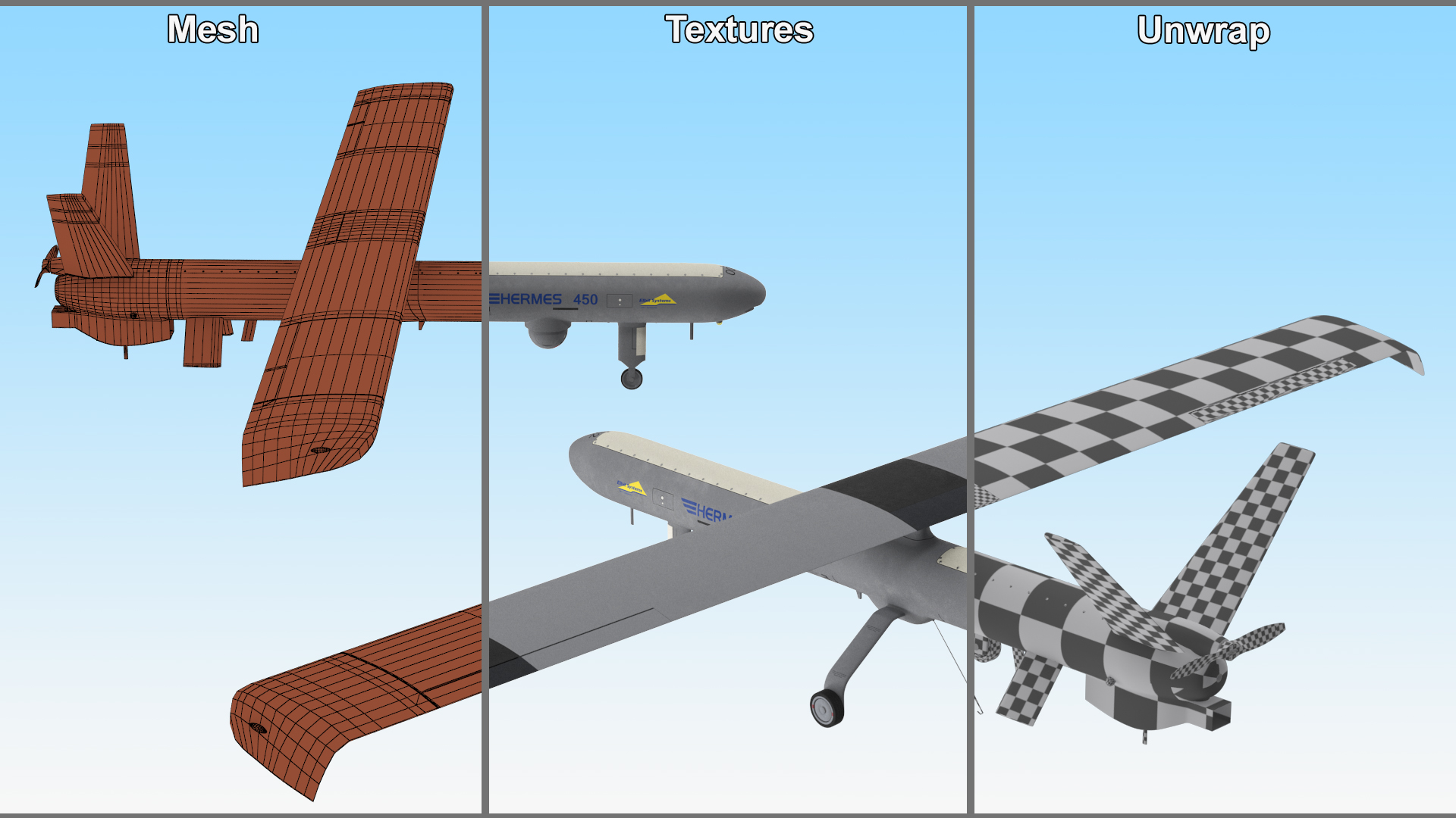 Hermes 450 Multi-Role High Performance Tactical UAS Rigged for Maya 3D