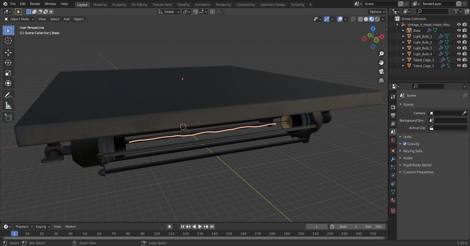 Vintage 4-Head Indoor Mount Ceiling Light ON 3D model