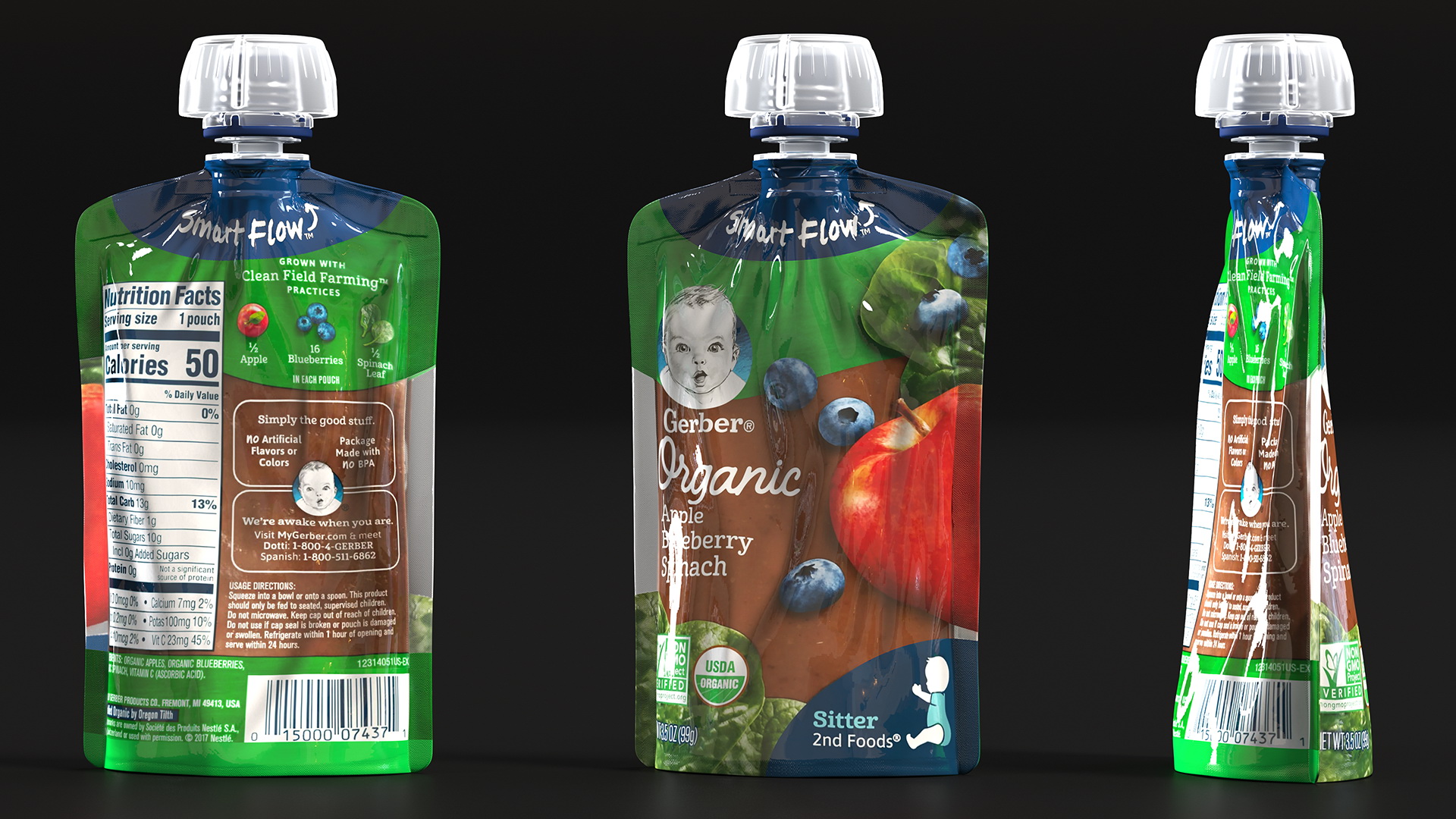 Gerber Baby Snack Pouch Apple Blueberry Spinach 3D