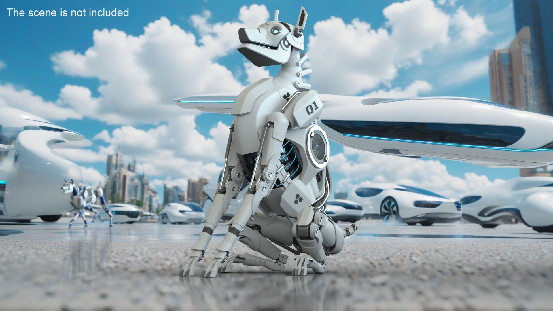 3D Sitting Futuristic Robotic Dog White