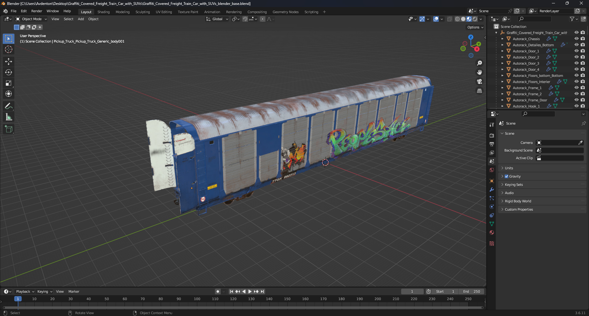 Graffiti Covered Freight Train Car with SUVs 3D model
