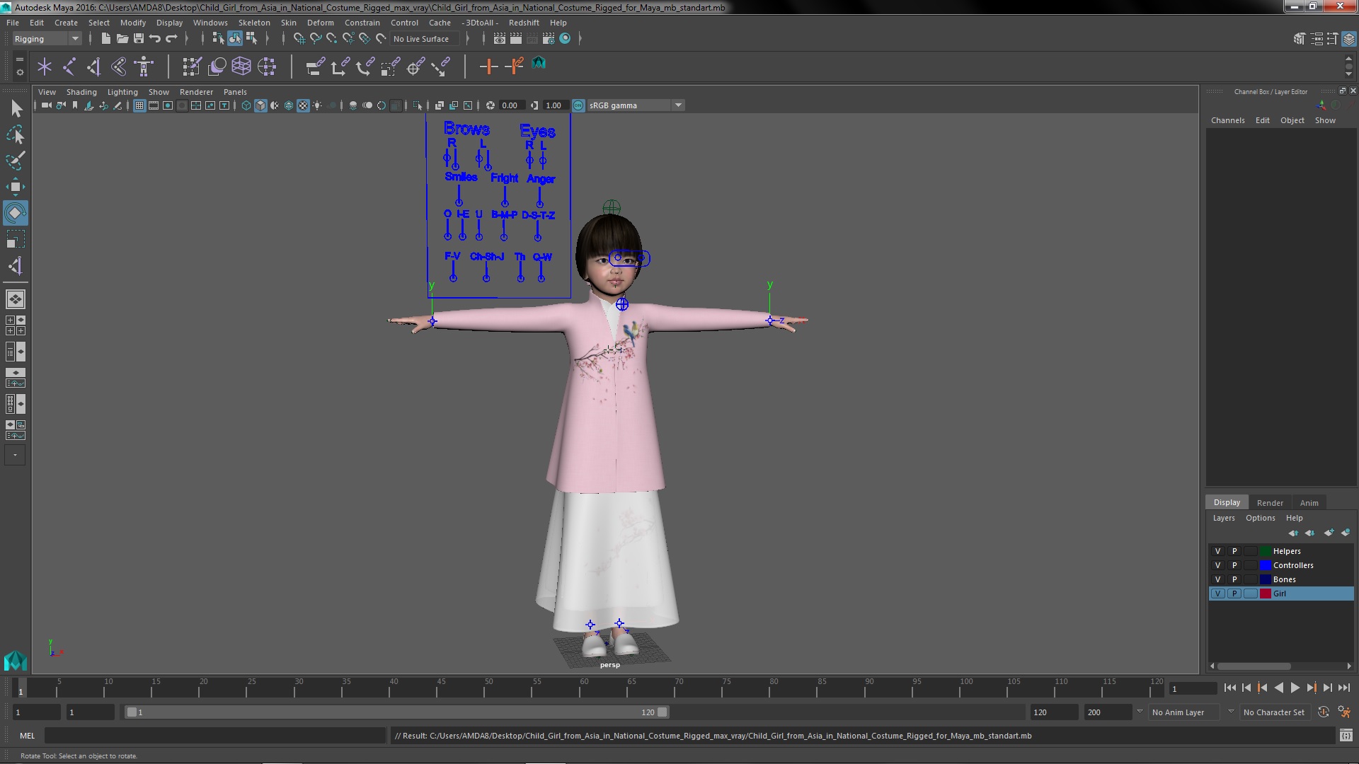 3D Child Girl from Asia in National Costume Rigged for Maya