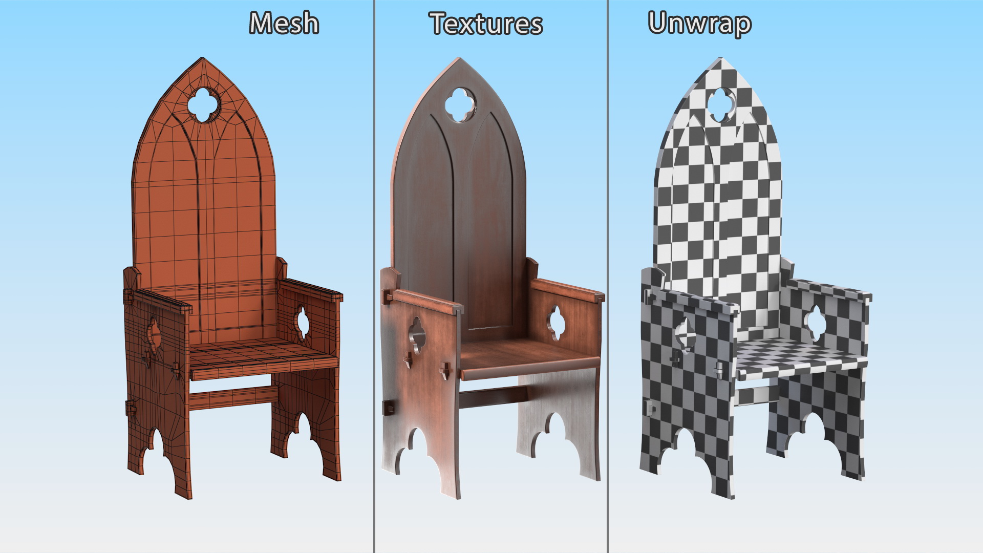 3D Carved Medieval Gothic Style Arched Back Chair