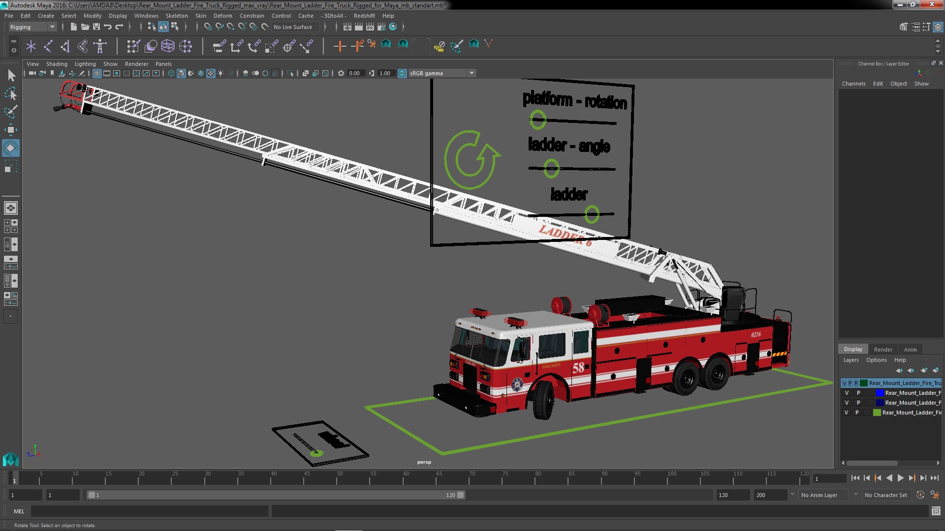 Rear Mount Ladder Fire Truck Rigged for Maya 3D model