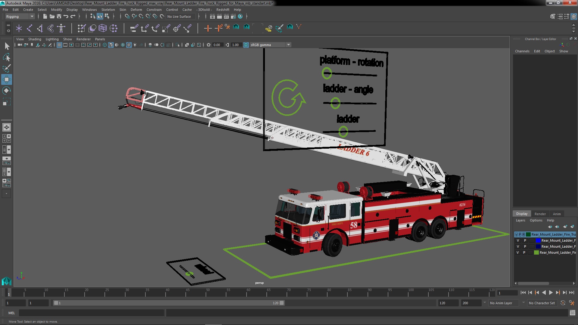 Rear Mount Ladder Fire Truck Rigged for Maya 3D model