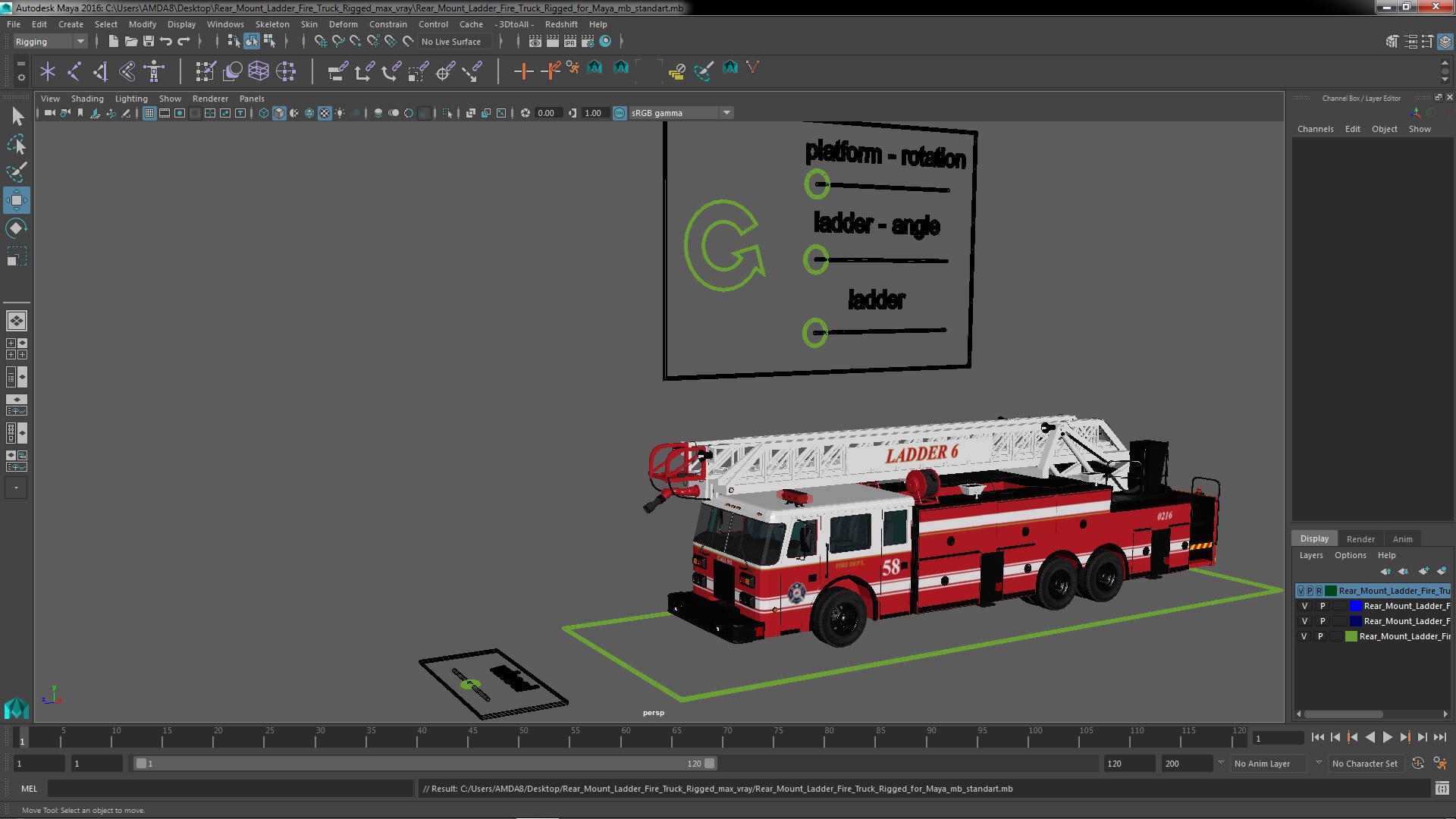 Rear Mount Ladder Fire Truck Rigged for Maya 3D model