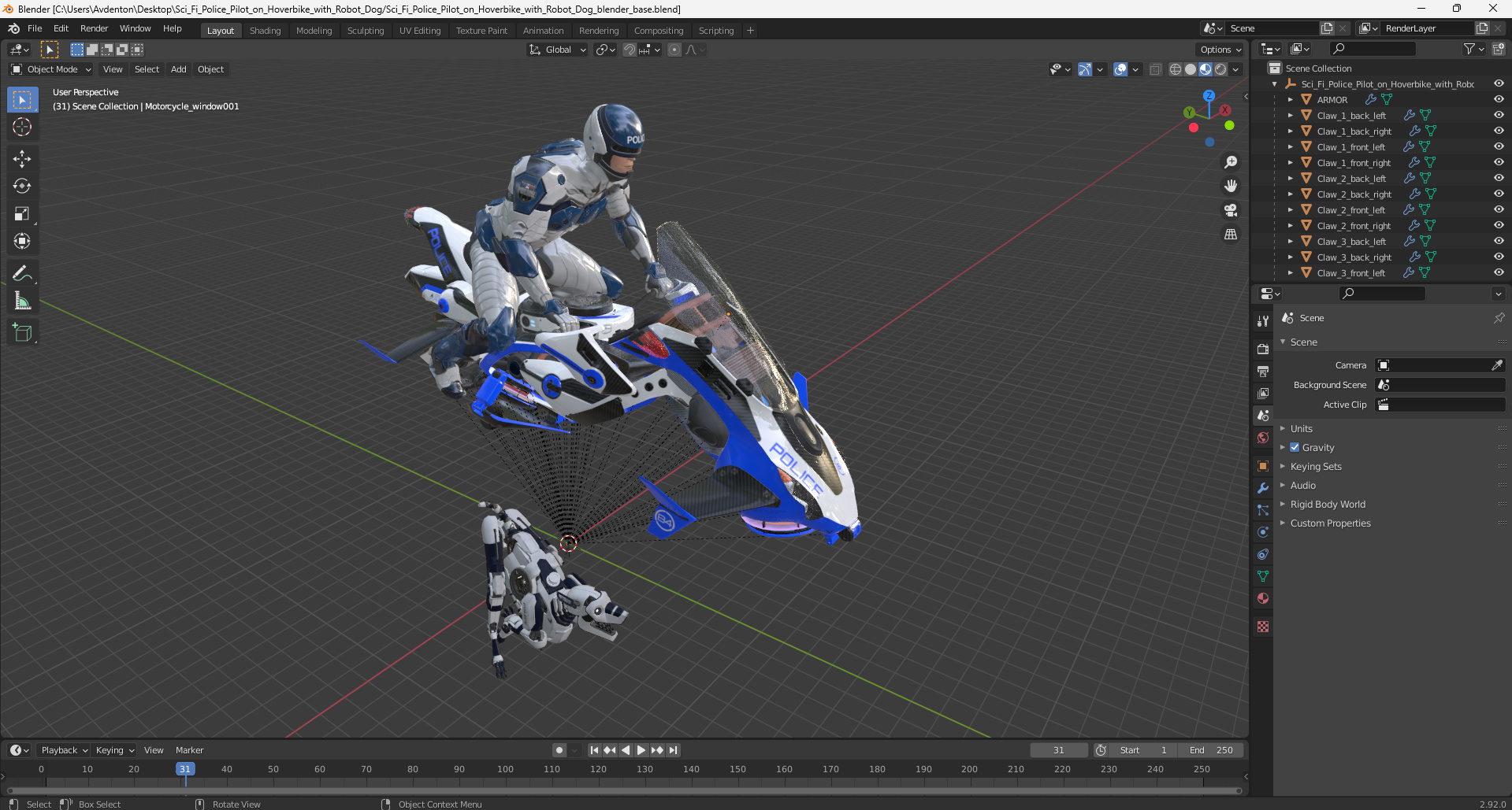 Sci Fi Police Pilot on Hoverbike with Robot Dog 3D