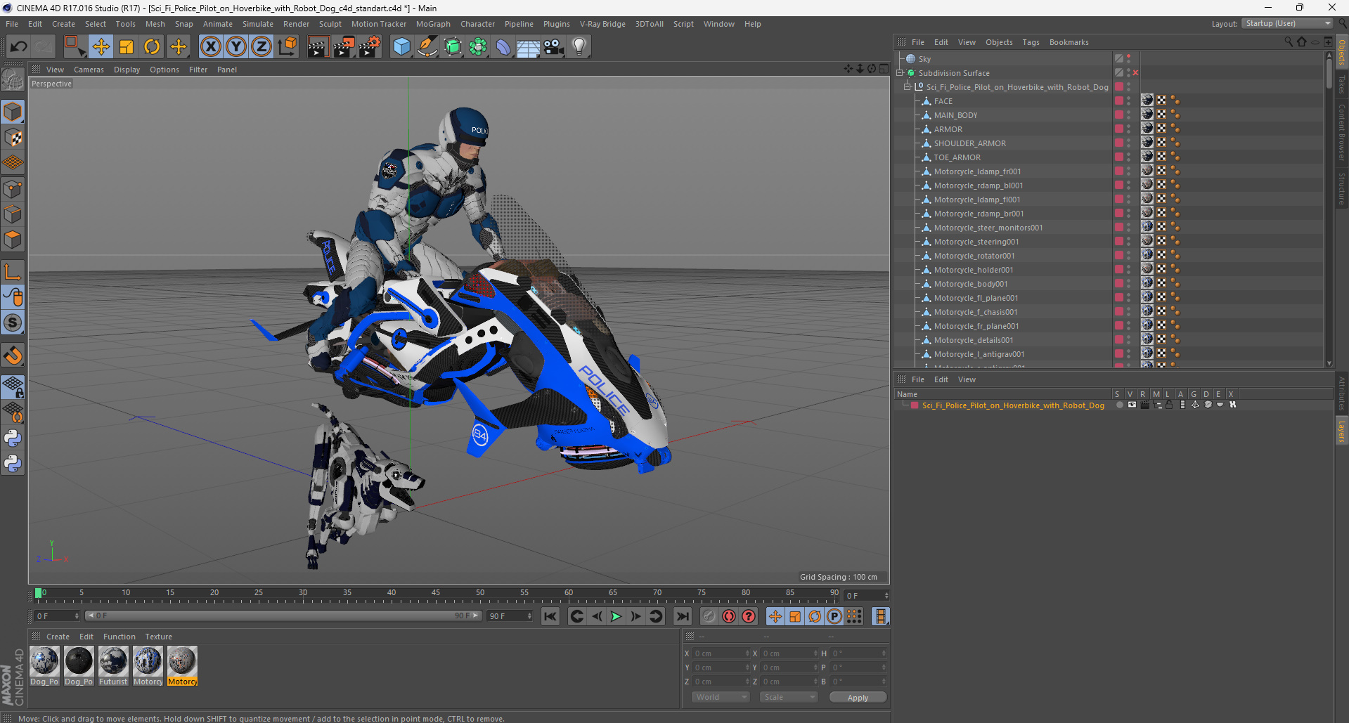 Sci Fi Police Pilot on Hoverbike with Robot Dog 3D
