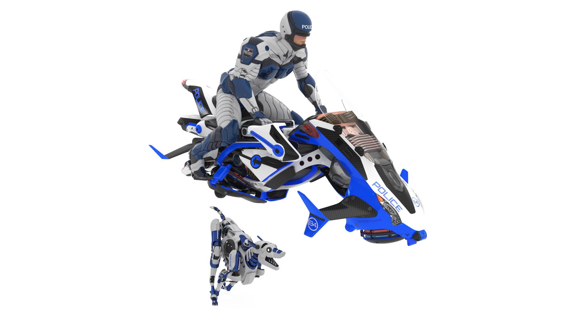 Sci Fi Police Pilot on Hoverbike with Robot Dog 3D