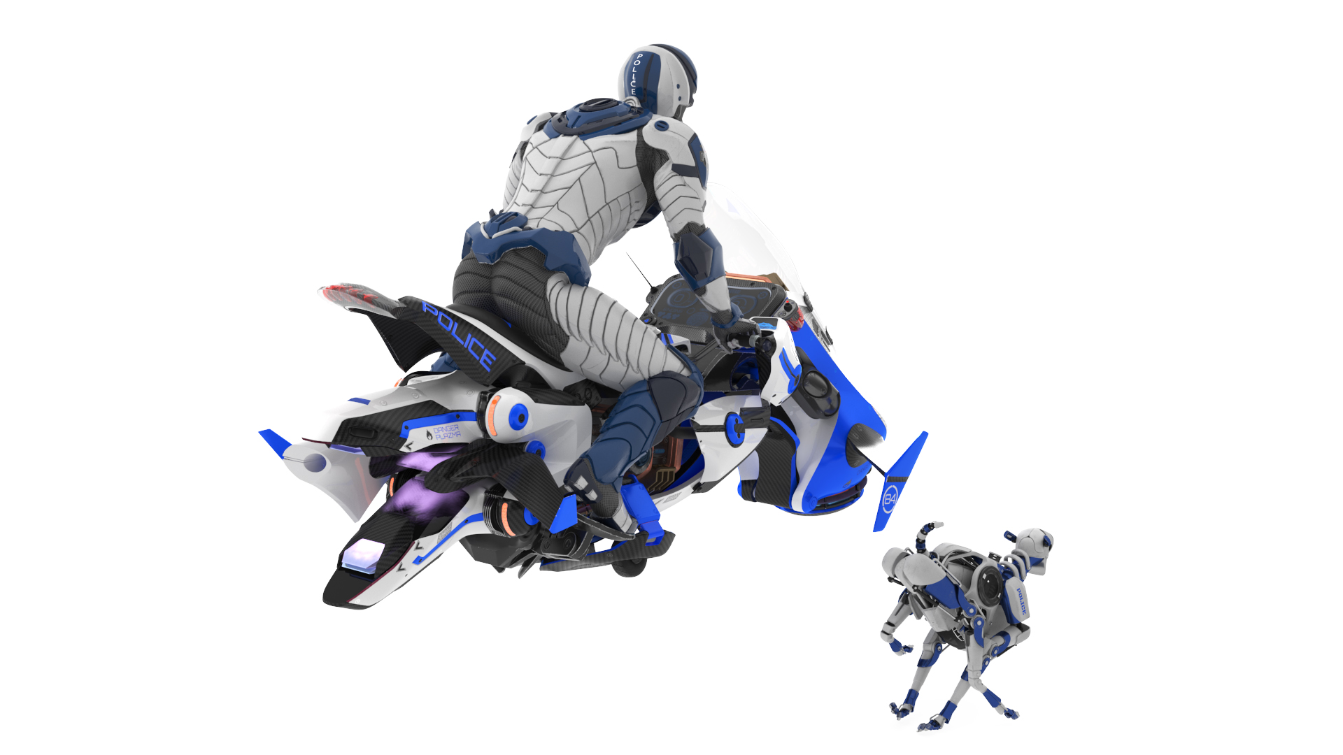 Sci Fi Police Pilot on Hoverbike with Robot Dog 3D