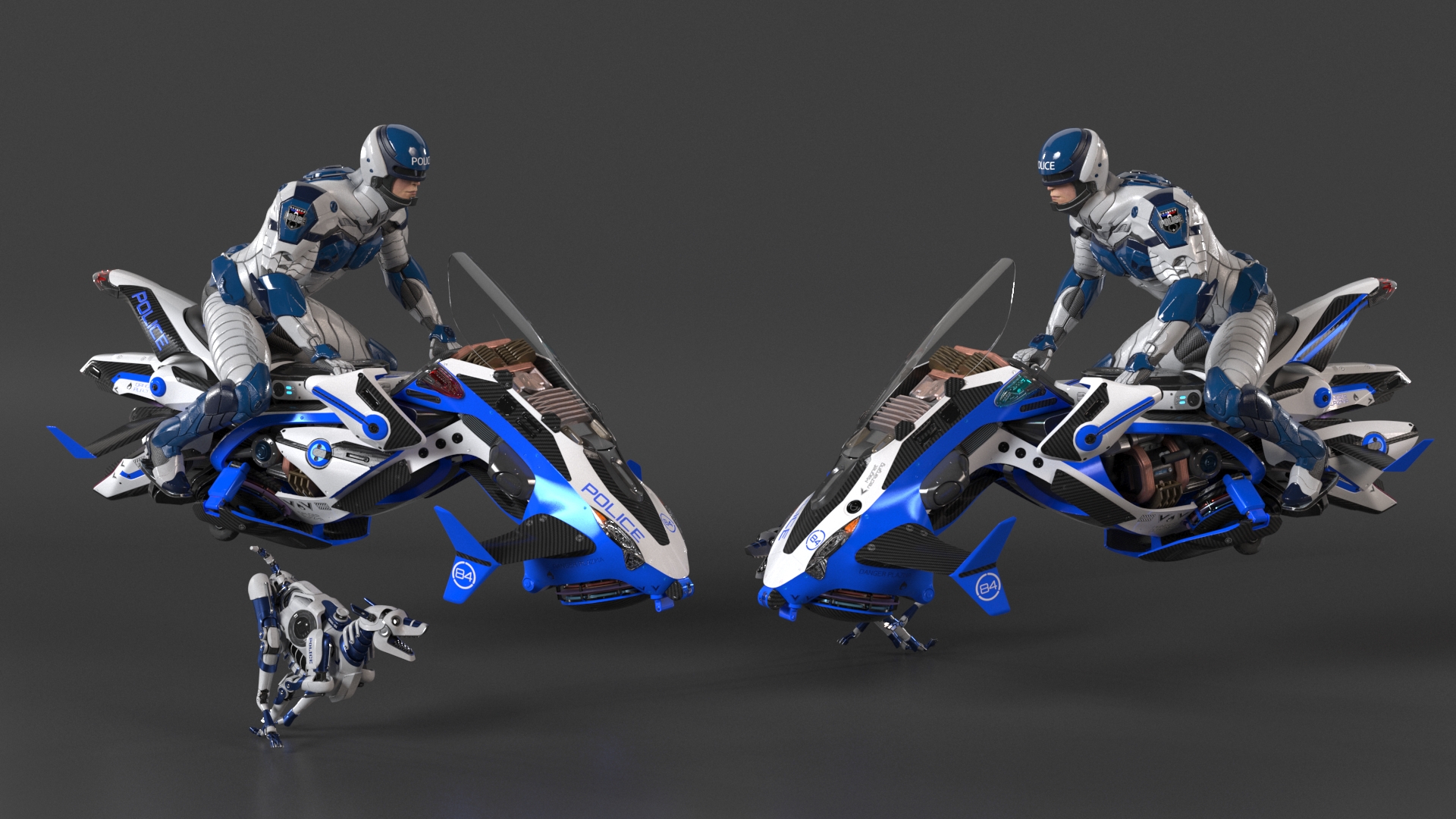Sci Fi Police Pilot on Hoverbike with Robot Dog 3D
