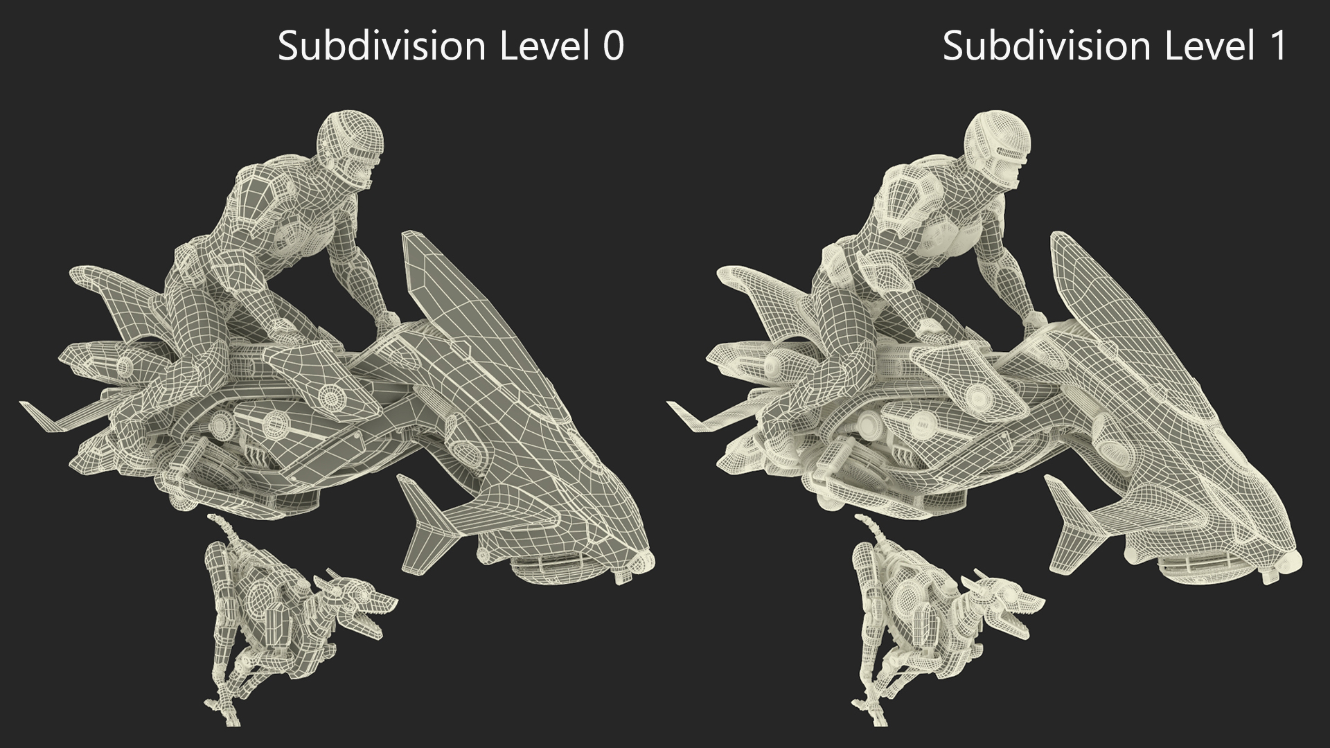 Sci Fi Police Pilot on Hoverbike with Robot Dog 3D