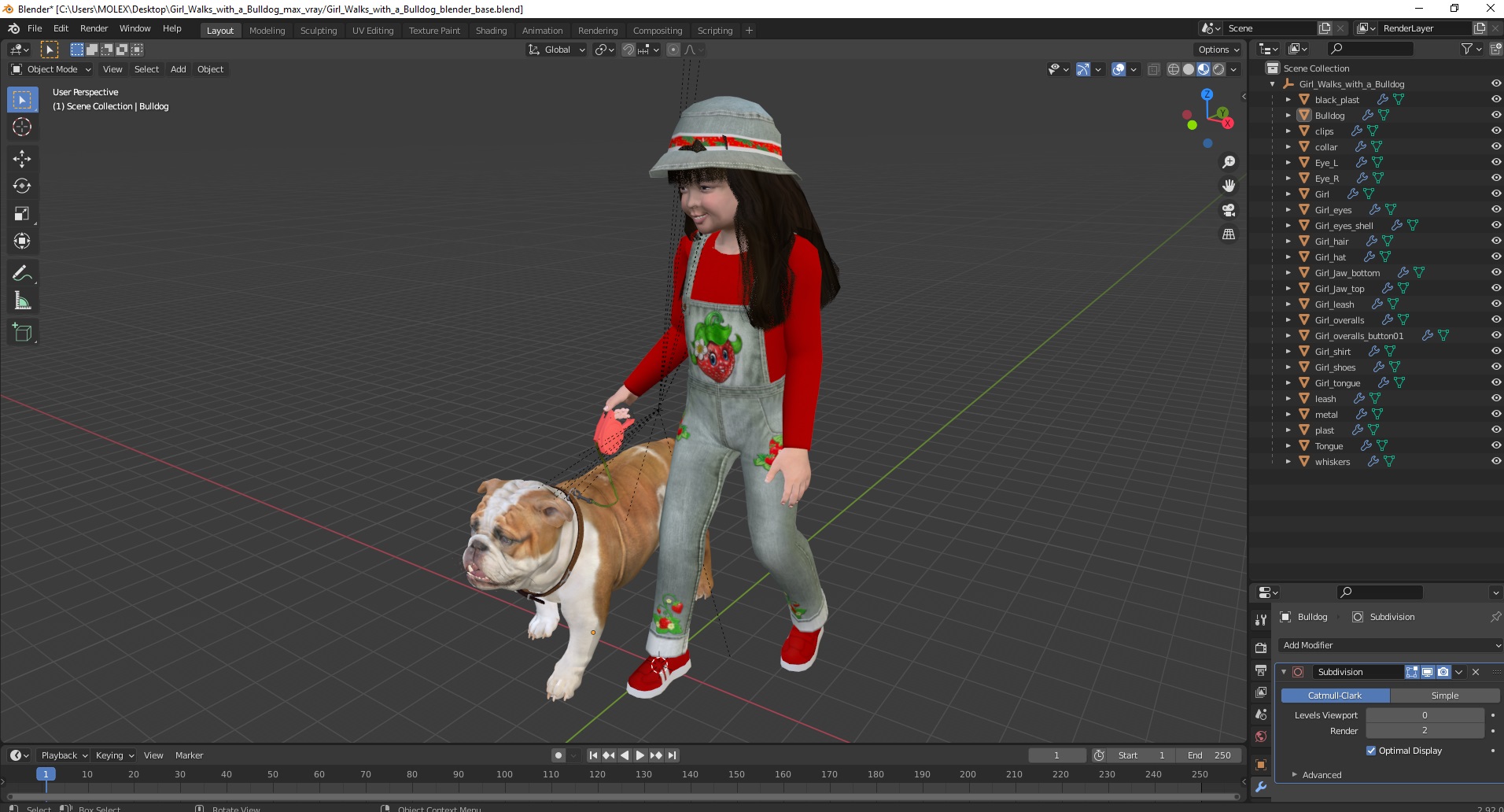 3D model Girl Walks with a Bulldog