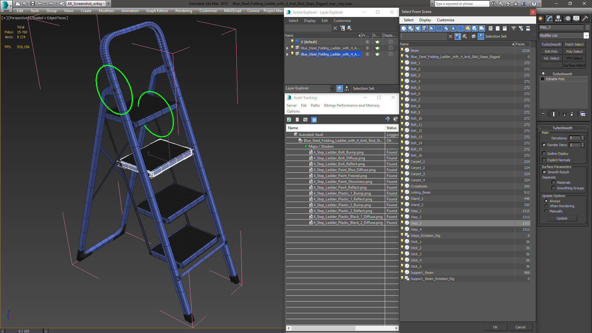 3D model Blue Steel Folding Ladder with 4 Anti Skid Steps Rigged