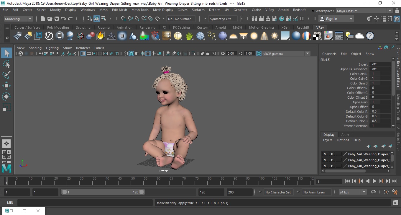 Baby Girl Wearing Diaper Sitting 3D