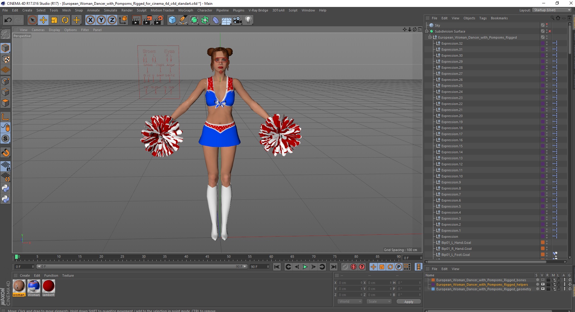 3D model European Woman Dancer with Pompoms Rigged for Cinema 4D