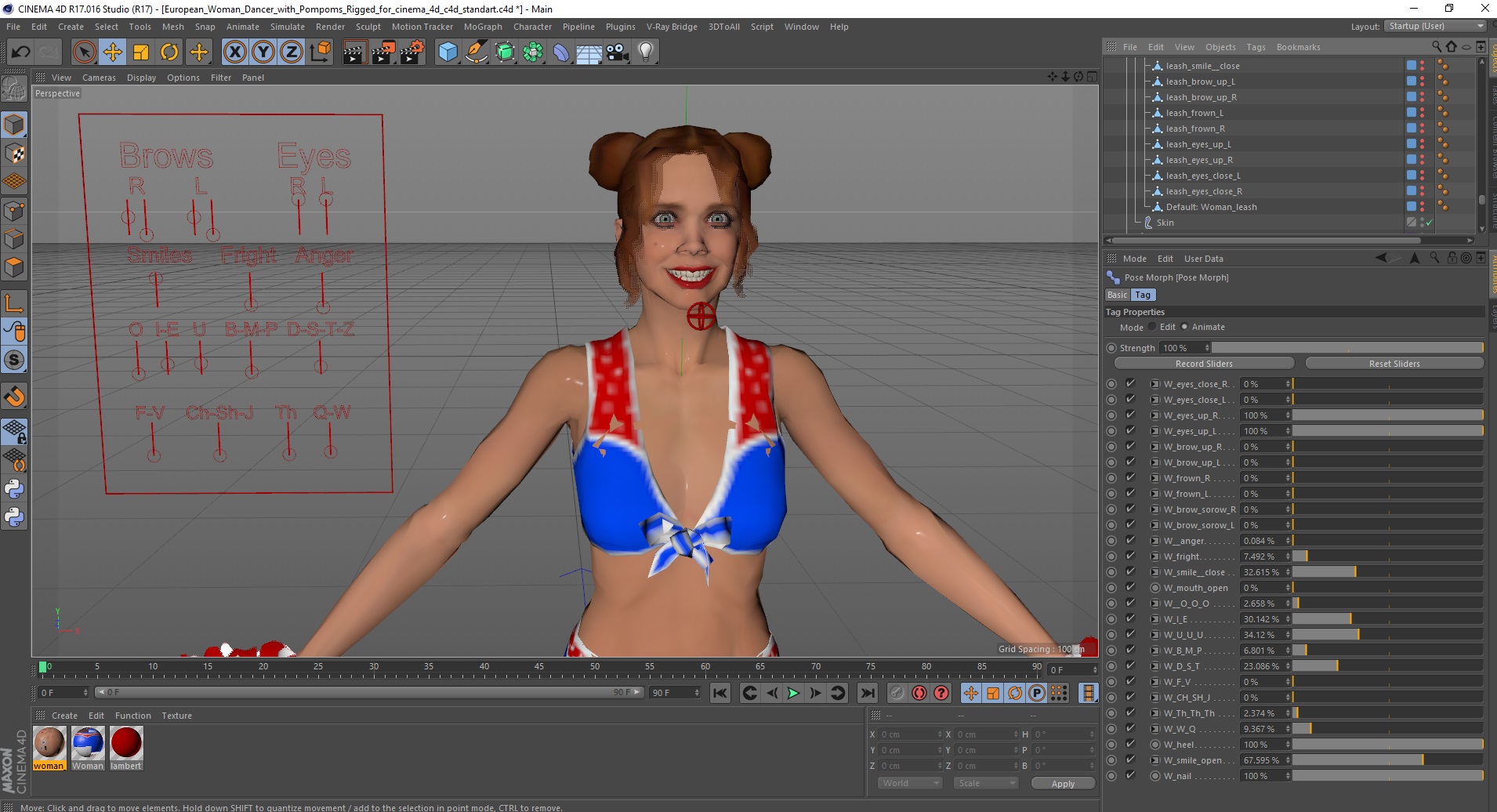 3D model European Woman Dancer with Pompoms Rigged for Cinema 4D