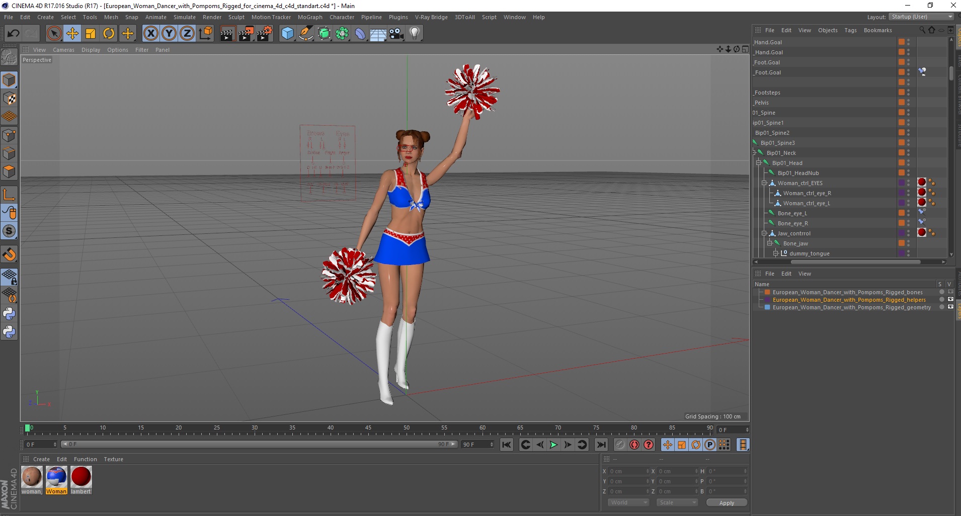 3D model European Woman Dancer with Pompoms Rigged for Cinema 4D