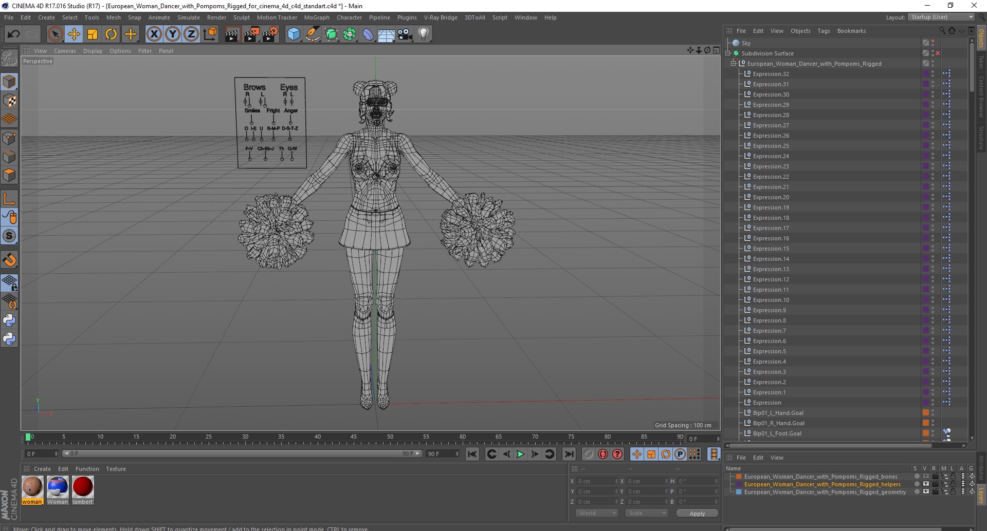 3D model European Woman Dancer with Pompoms Rigged for Cinema 4D