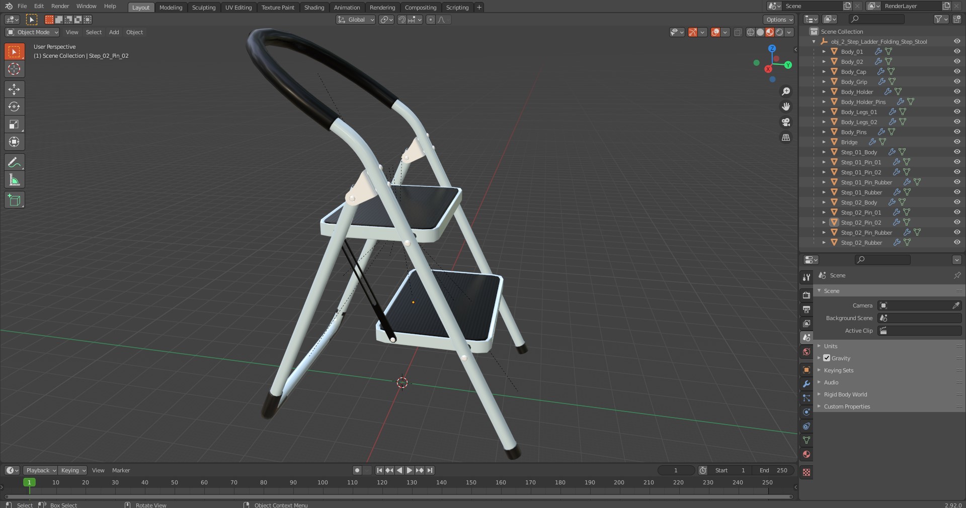 2 Step Ladder Folding Step Stool 3D
