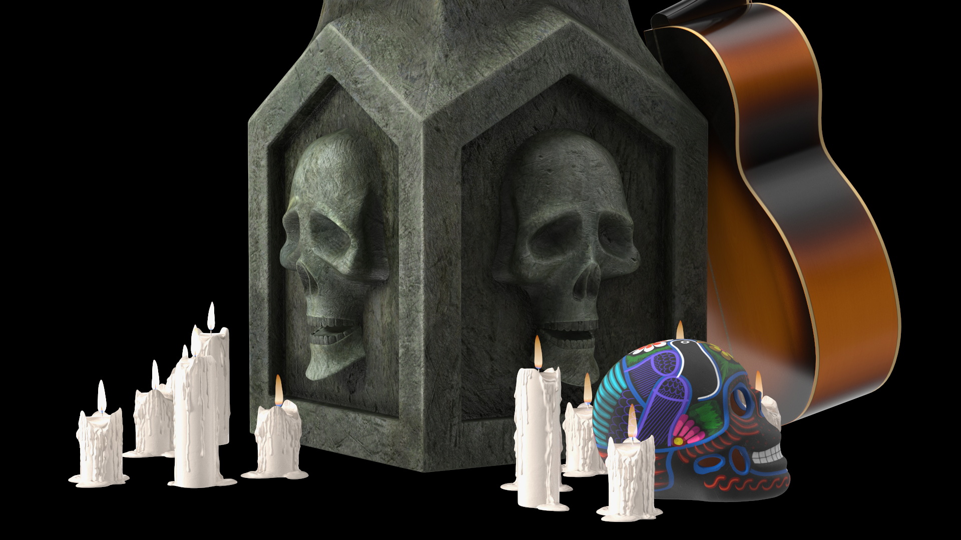 3D Graveyard Altar with Guitar Candles and Calavera model