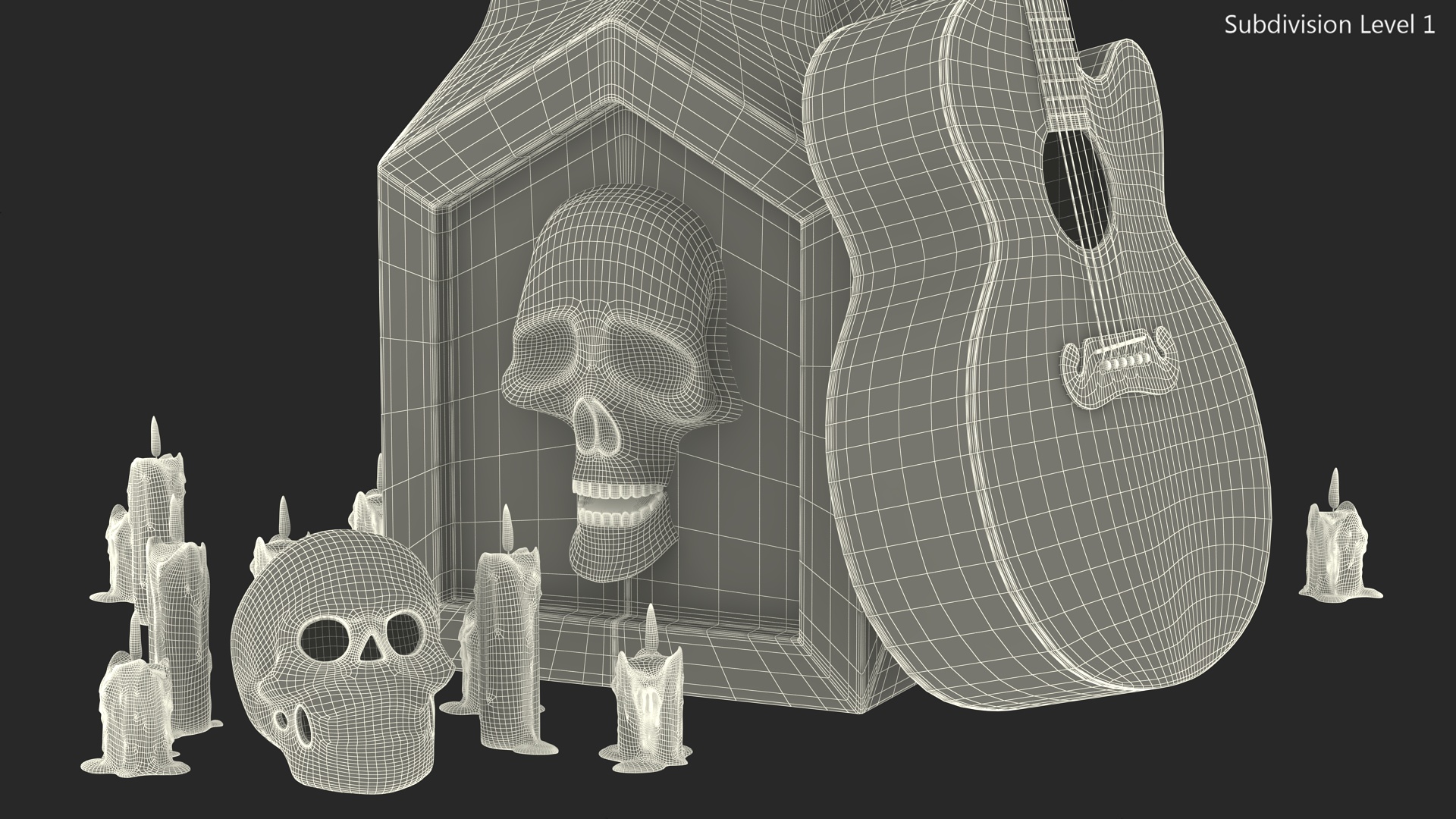 3D Graveyard Altar with Guitar Candles and Calavera model