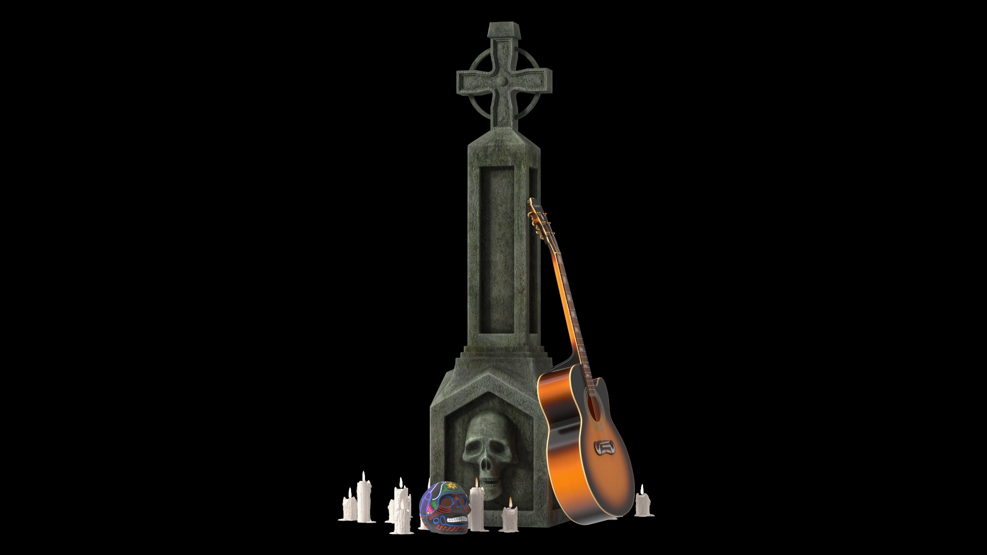 3D Graveyard Altar with Guitar Candles and Calavera model
