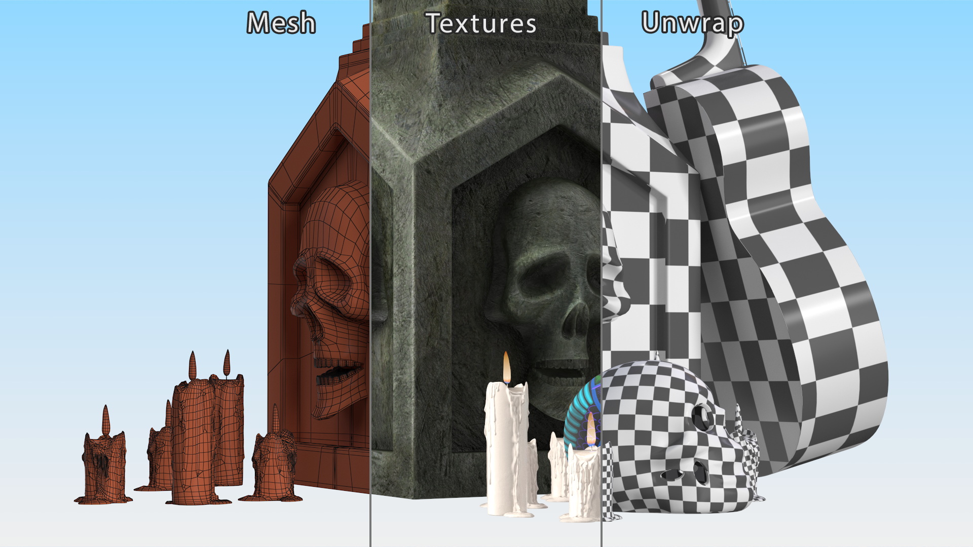 3D Graveyard Altar with Guitar Candles and Calavera model