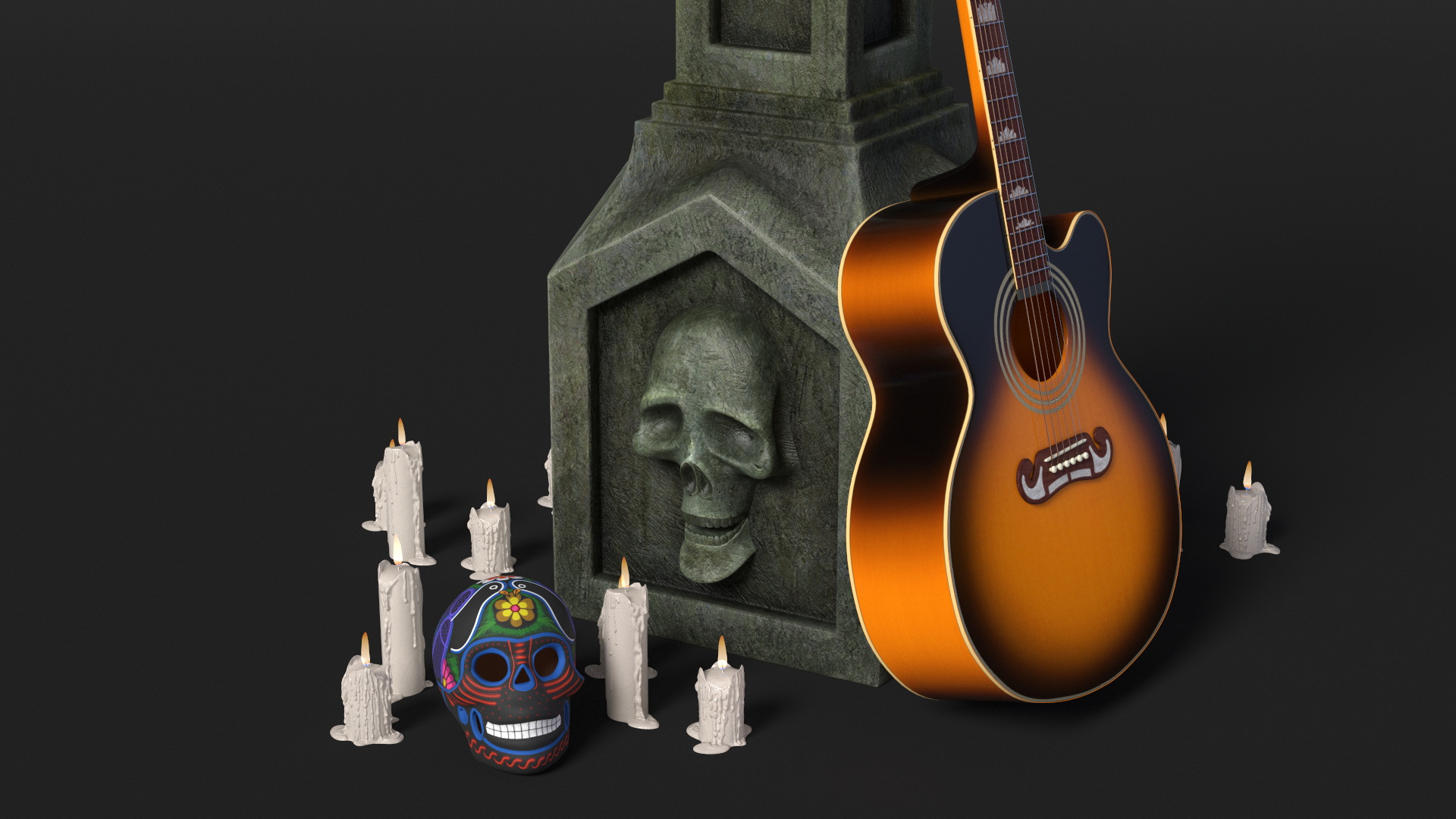 3D Graveyard Altar with Guitar Candles and Calavera model