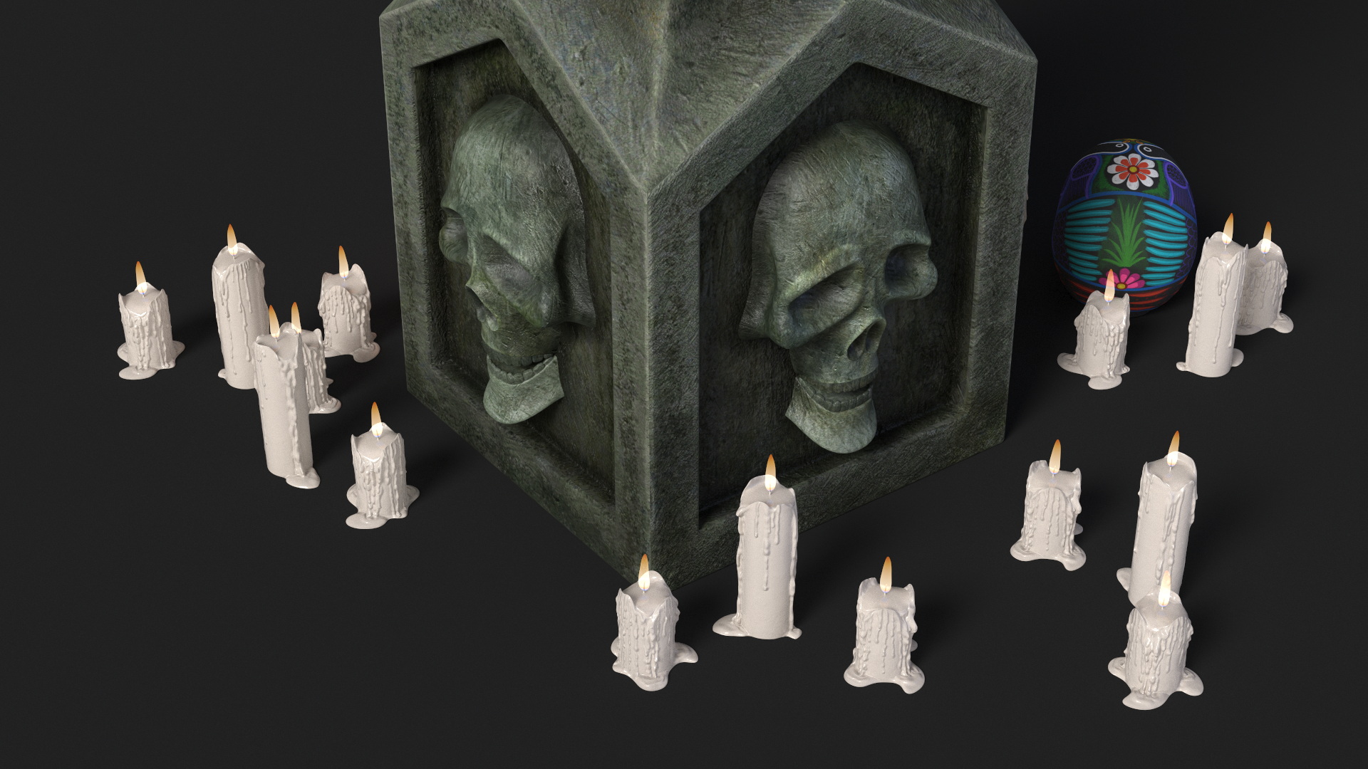 3D Graveyard Altar with Guitar Candles and Calavera model