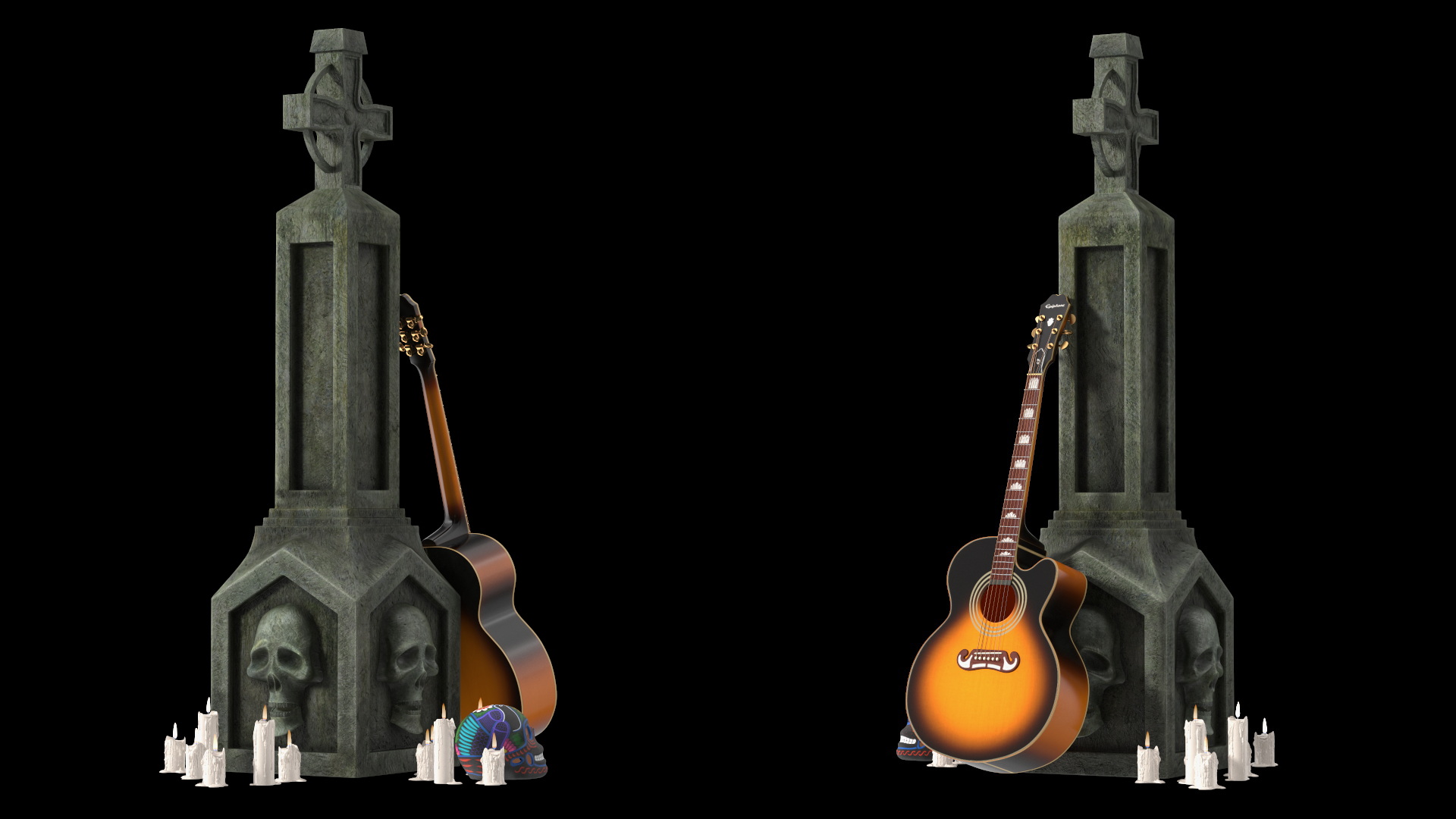 3D Graveyard Altar with Guitar Candles and Calavera model