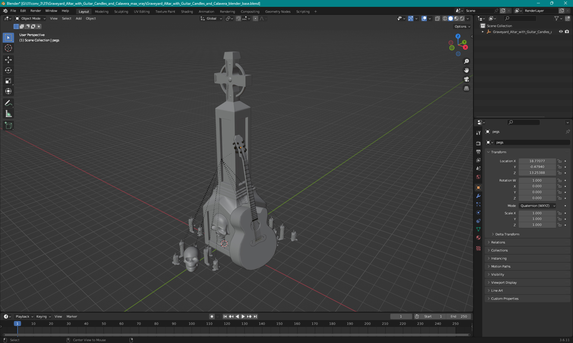3D Graveyard Altar with Guitar Candles and Calavera model