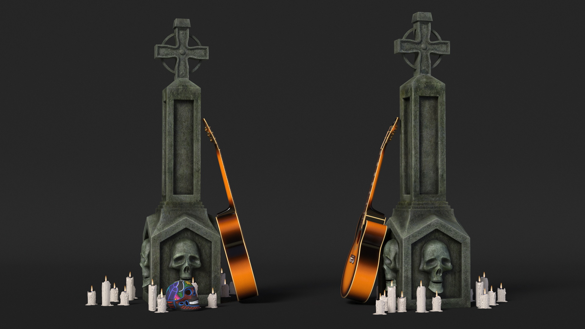 3D Graveyard Altar with Guitar Candles and Calavera model
