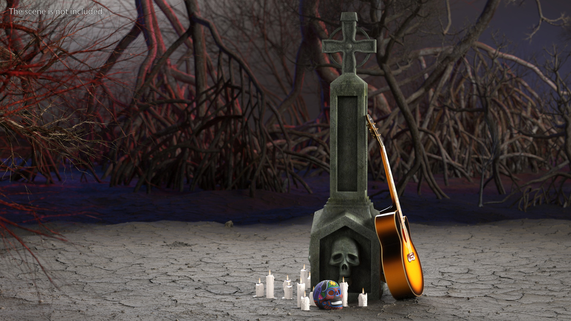 3D Graveyard Altar with Guitar Candles and Calavera model