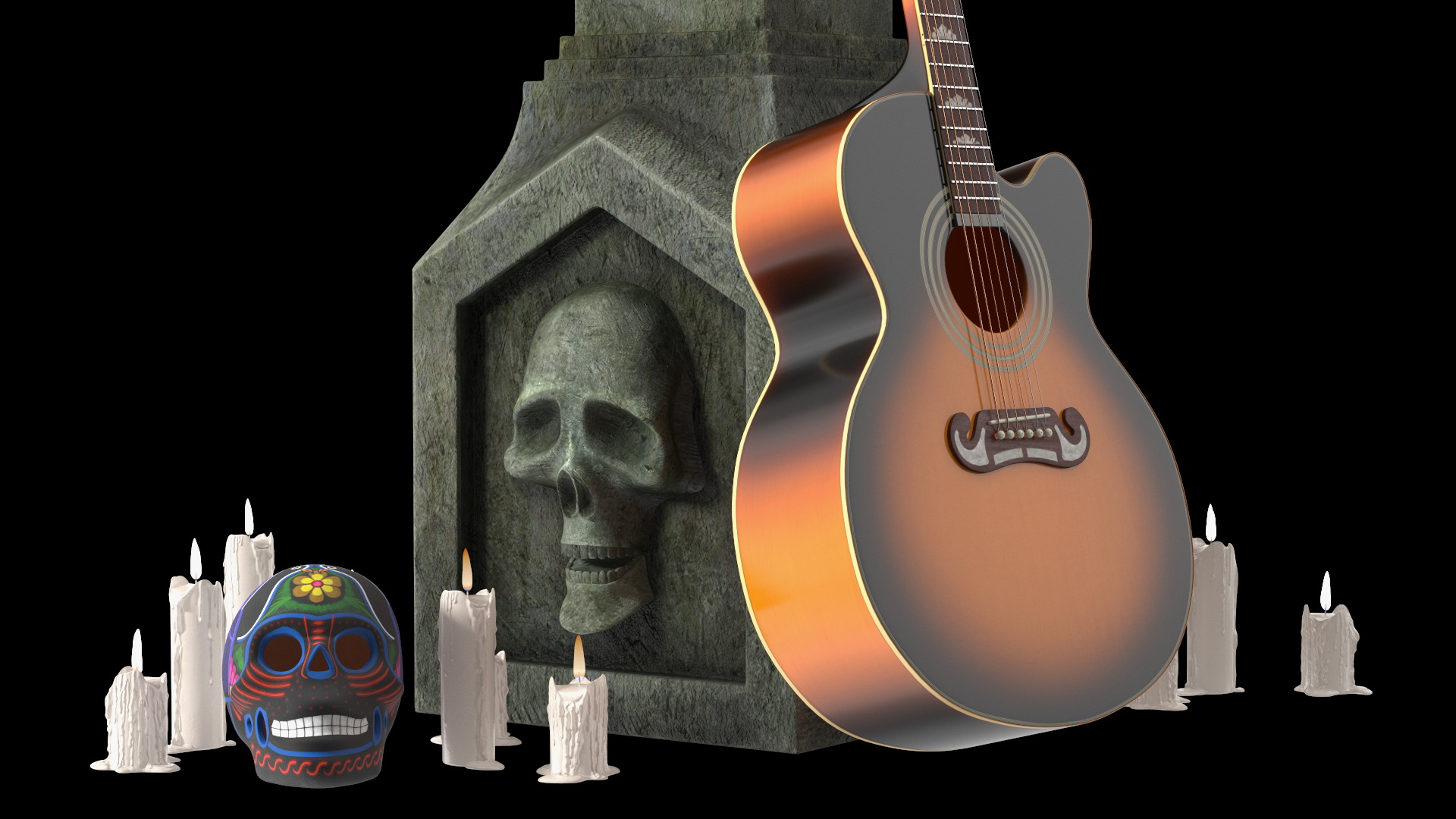 3D Graveyard Altar with Guitar Candles and Calavera model