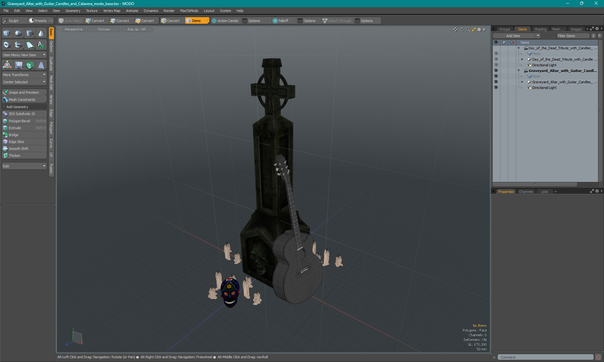 3D Graveyard Altar with Guitar Candles and Calavera model