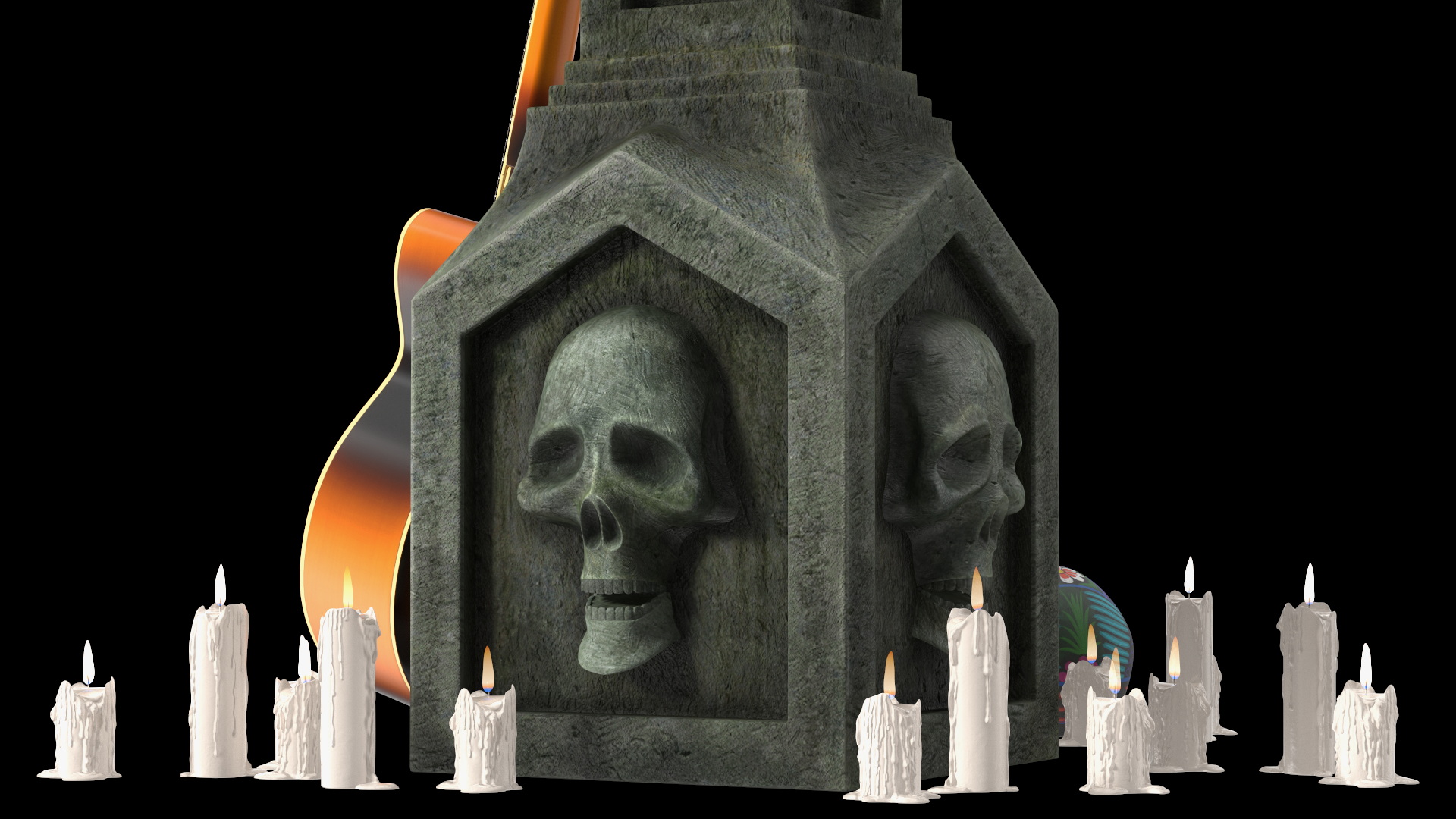 3D Graveyard Altar with Guitar Candles and Calavera model