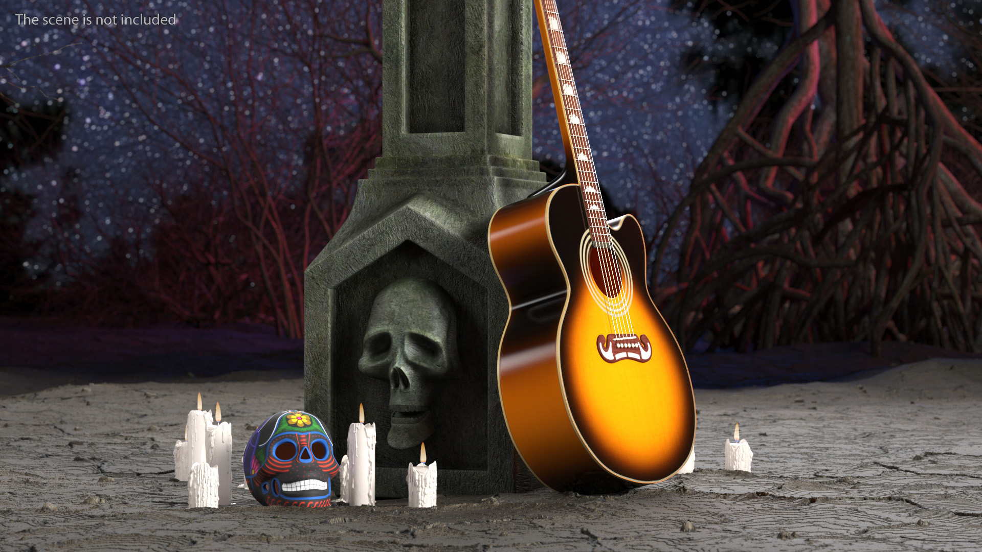 3D Graveyard Altar with Guitar Candles and Calavera model
