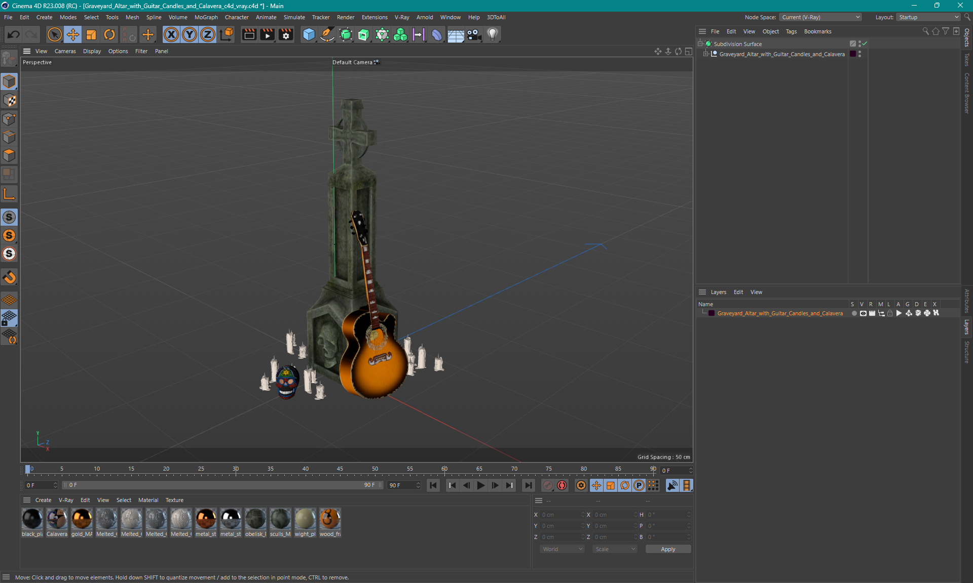 3D Graveyard Altar with Guitar Candles and Calavera model