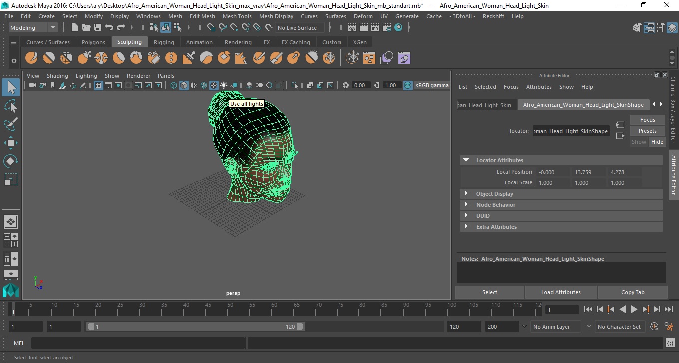 3D model Afro American Woman Head Light Skin