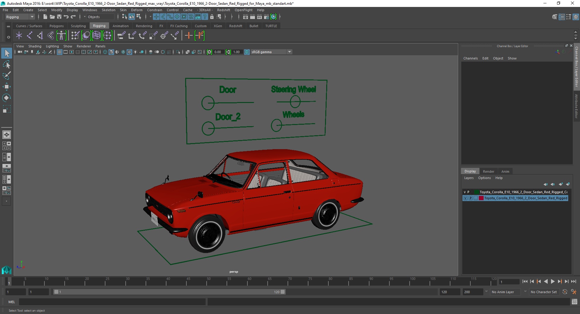 3D Toyota Corolla E10 1966 2-Door Sedan Red Rigged for Maya