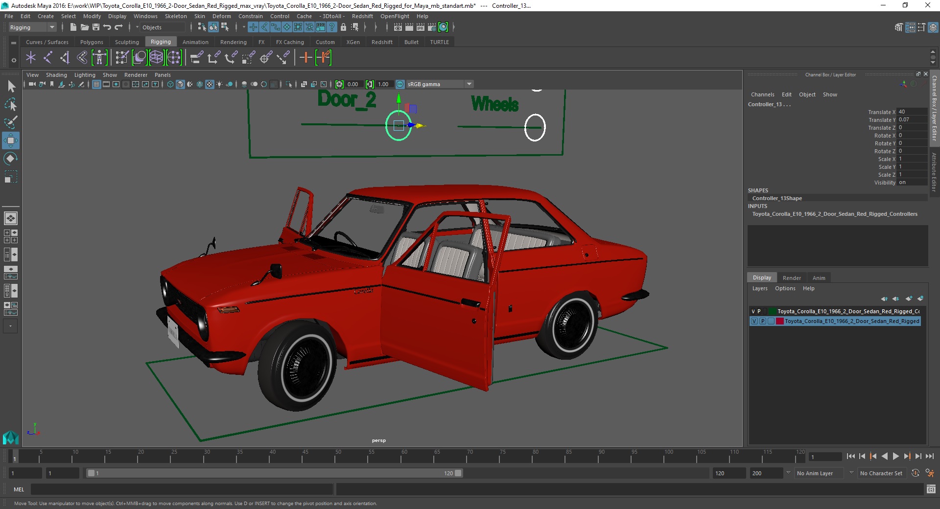 3D Toyota Corolla E10 1966 2-Door Sedan Red Rigged for Maya