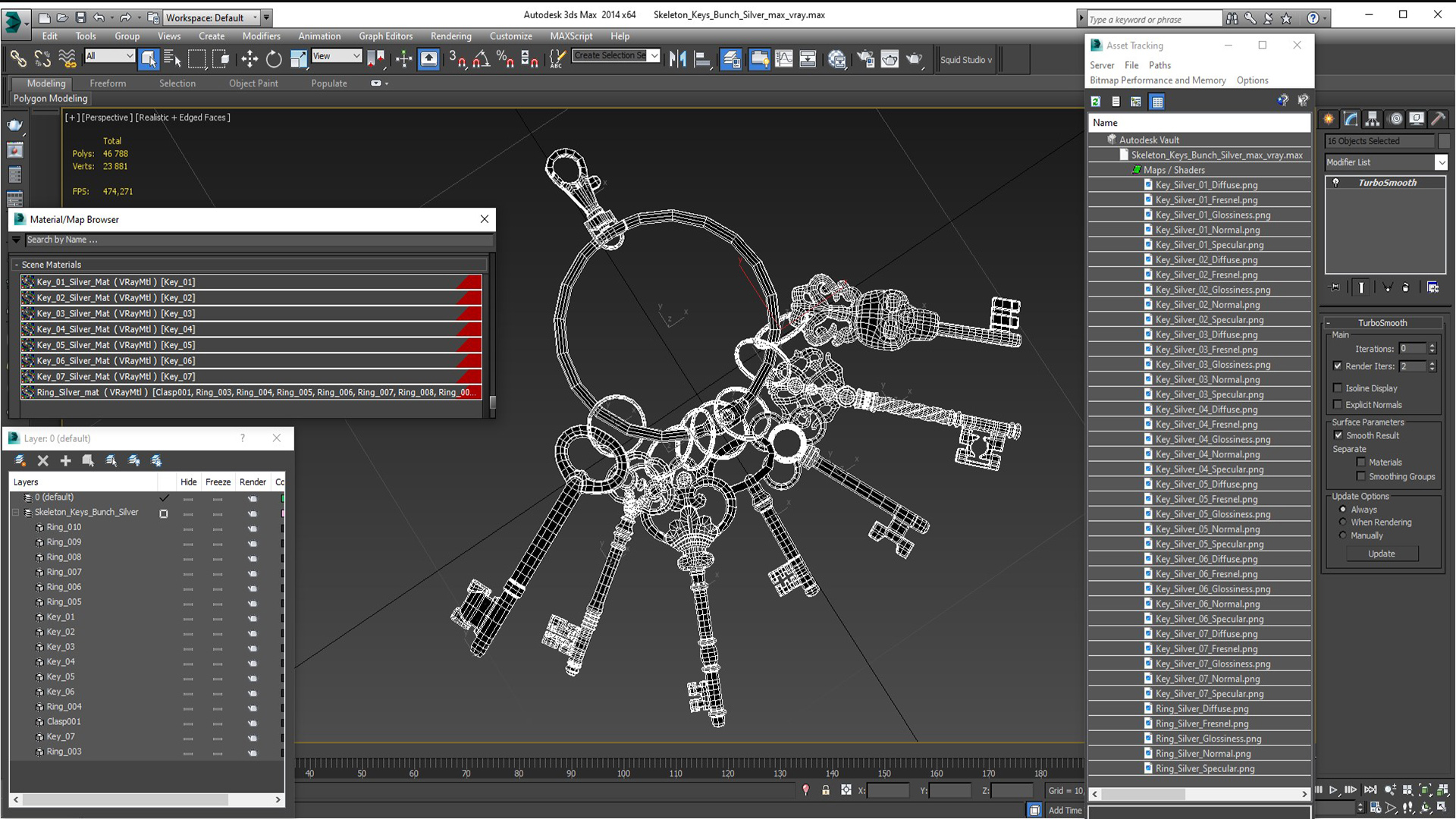 3D Skeleton Keys Bunch Silver
