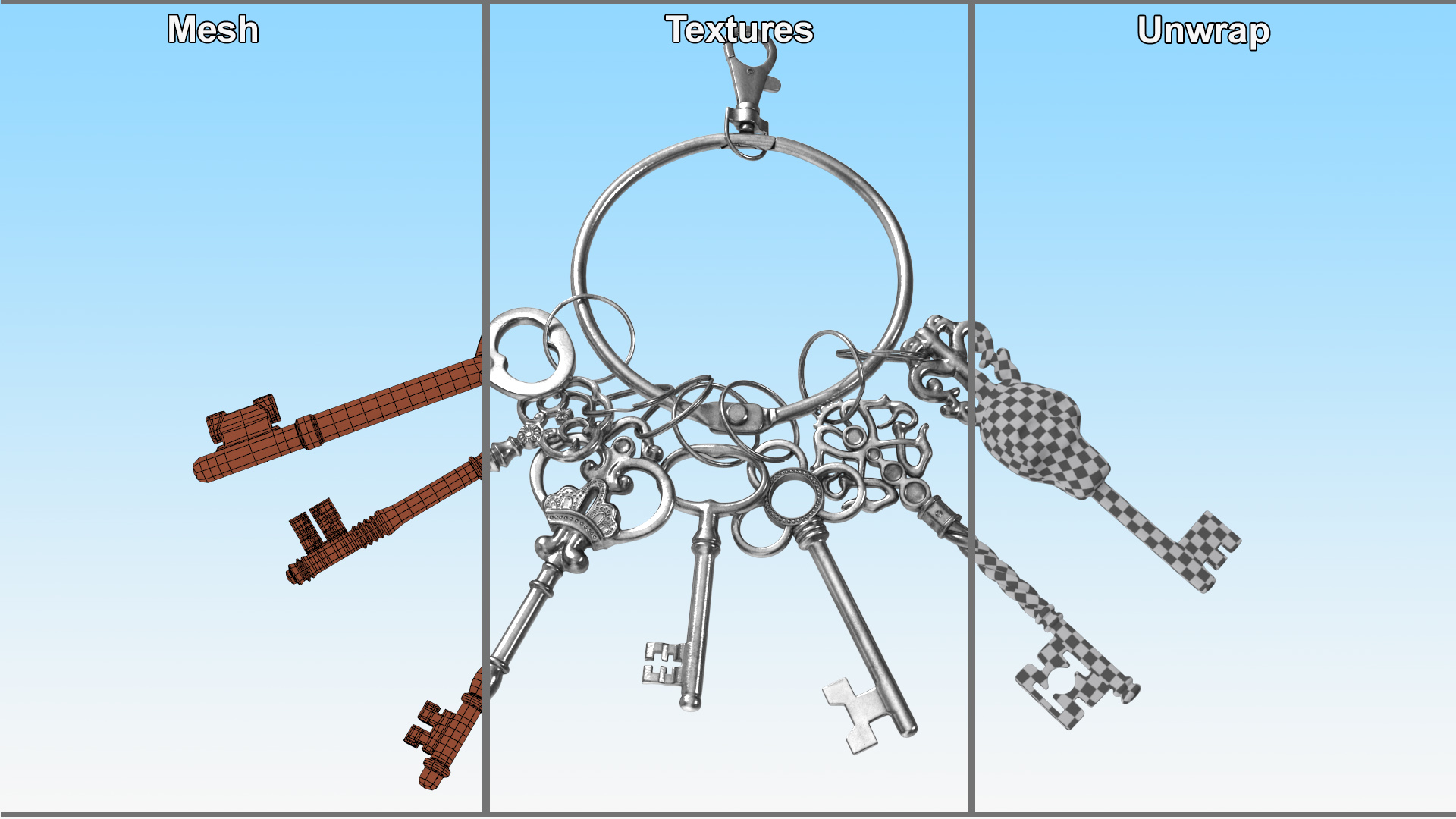 3D Skeleton Keys Bunch Silver