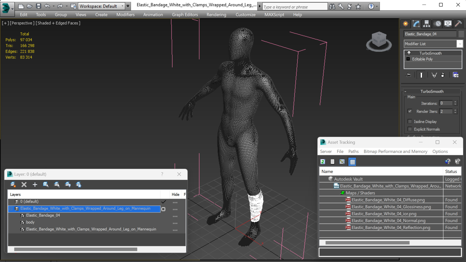 3D model Elastic Bandage White with Clamps Wrapped Around Leg on Mannequin