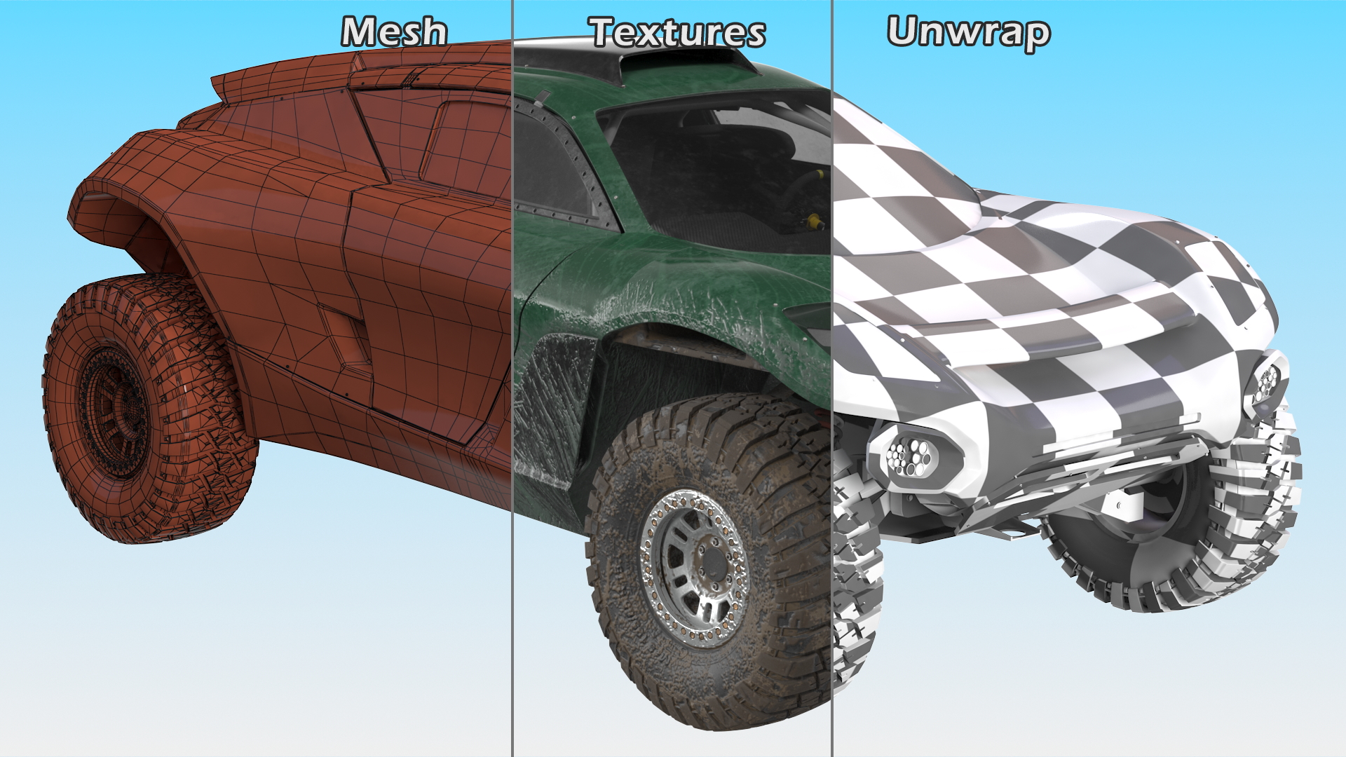 3D Off Road Racing Electric SUV Dirty Rigged