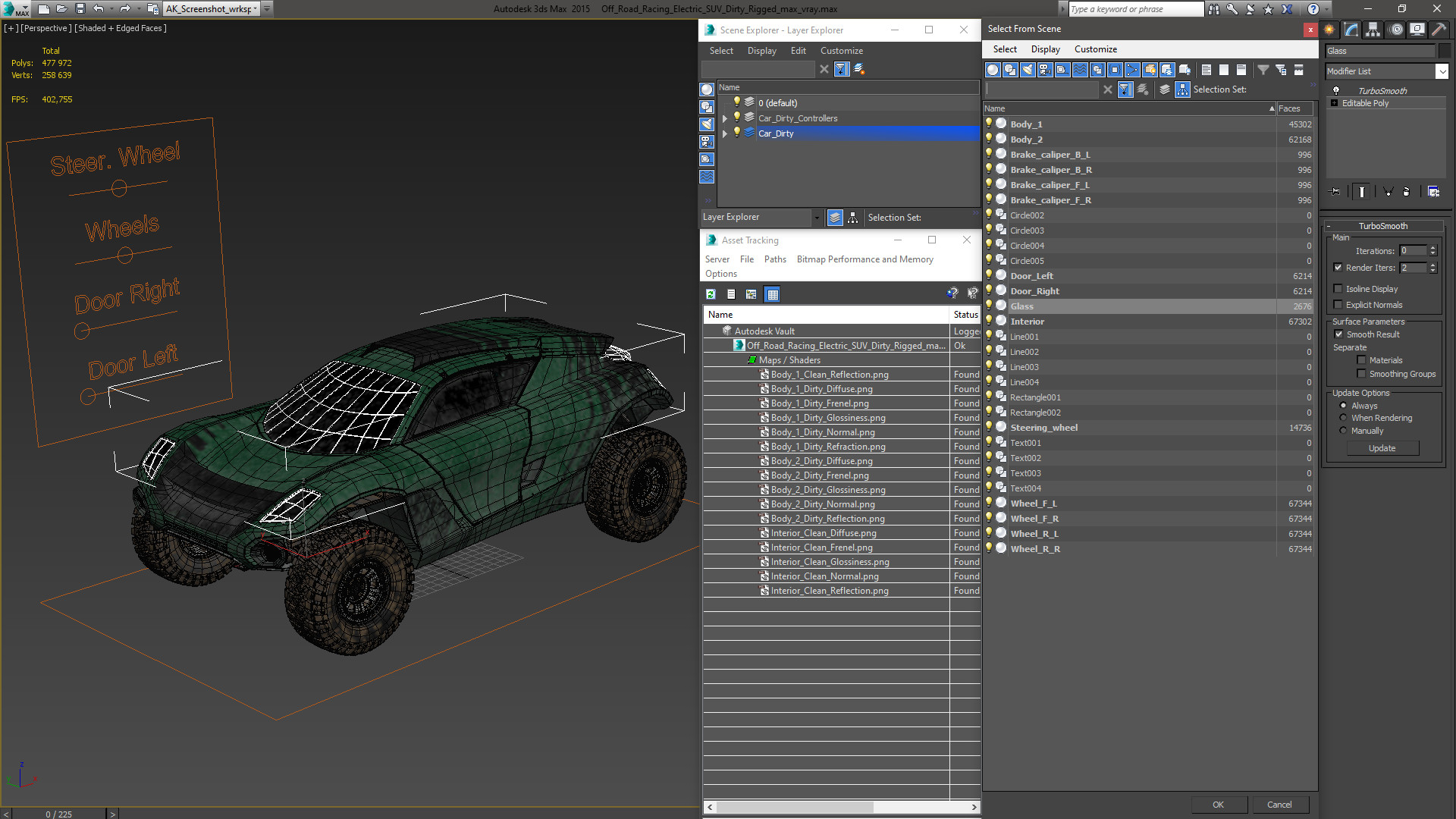 3D Off Road Racing Electric SUV Dirty Rigged