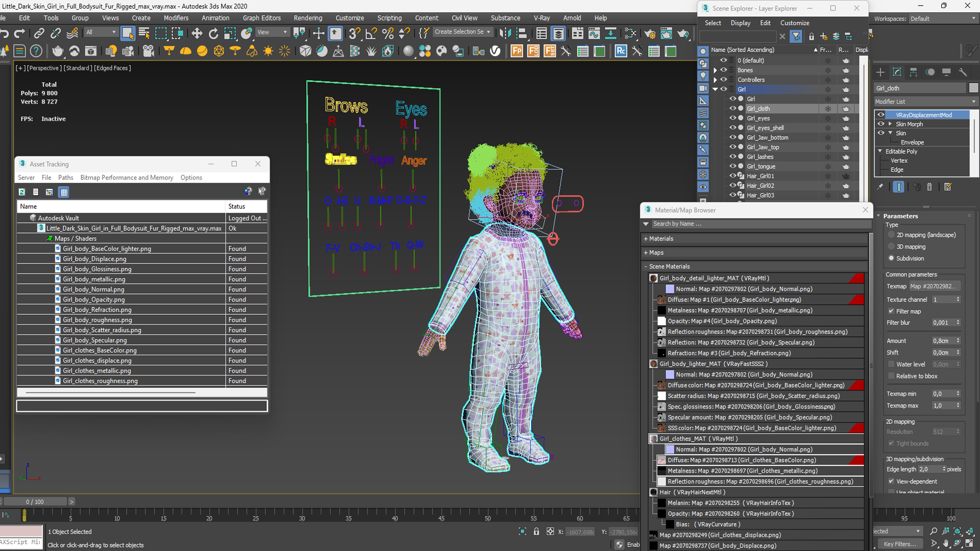 3D Little African Girl Light Skin in Full Bodysuit Fur Rigged model