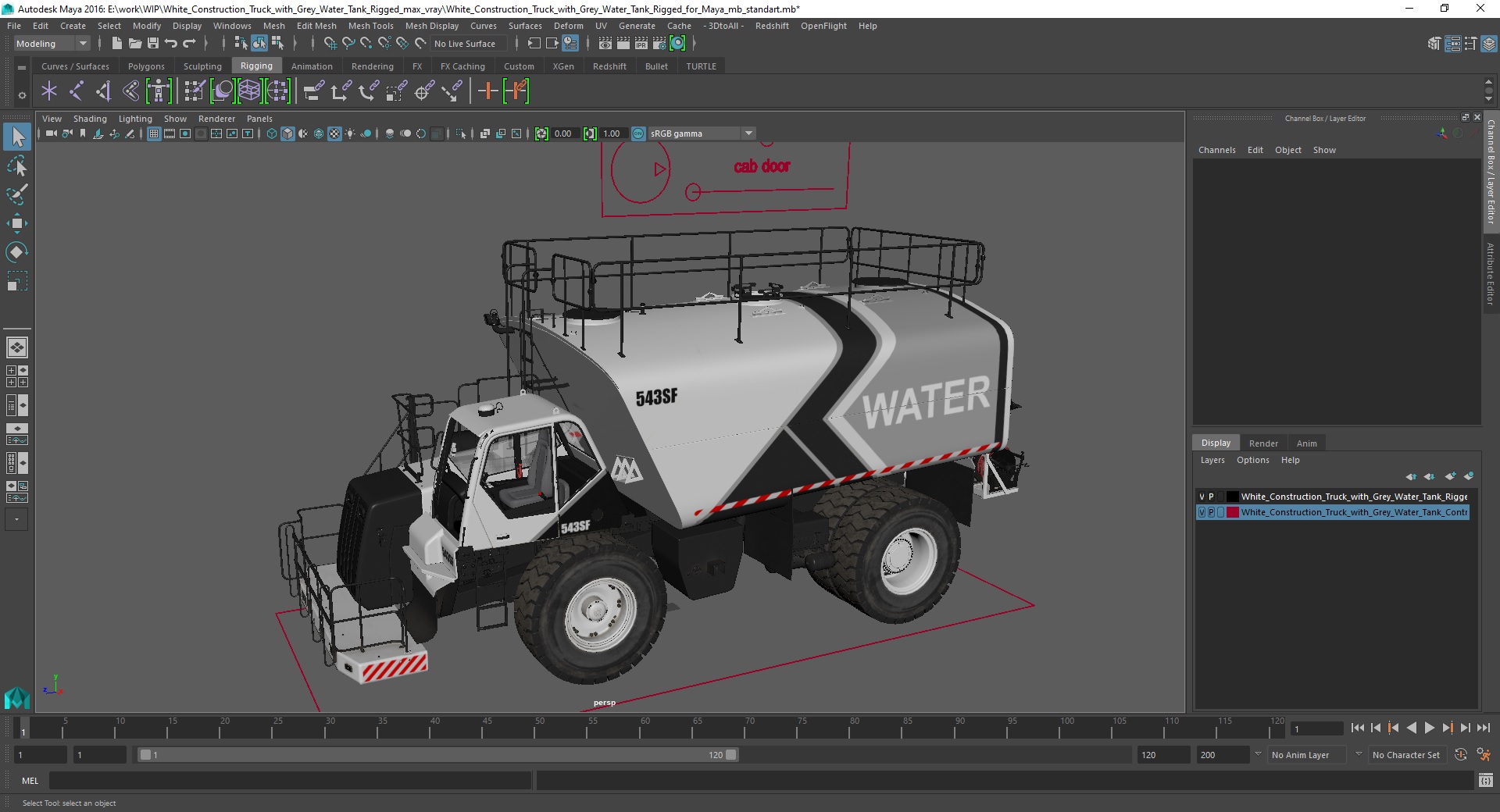 3D White Construction Truck with Grey Water Tank Rigged for Maya