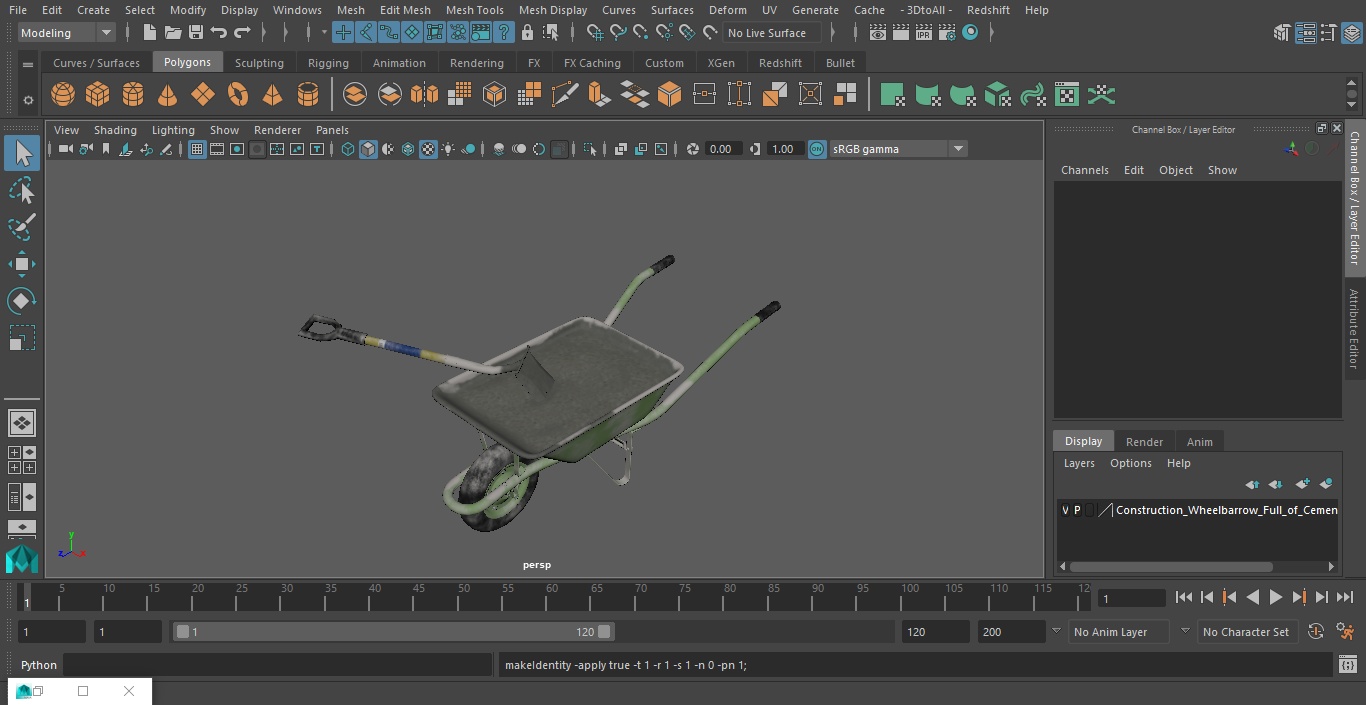 3D Construction Wheelbarrow Full of Cement with Shovel